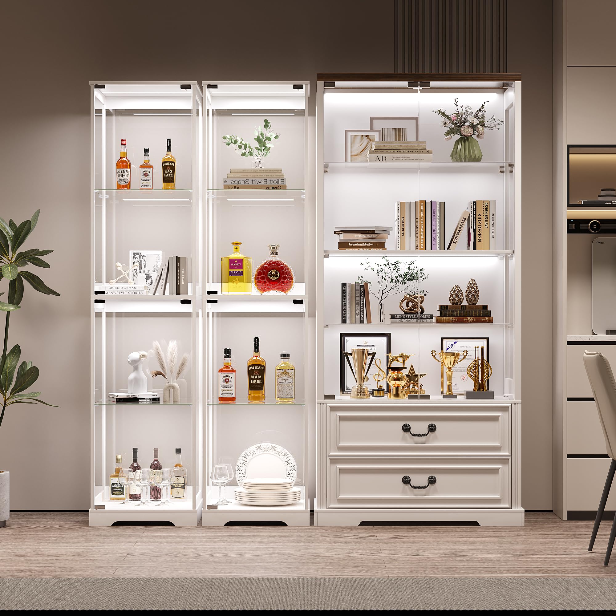 Glass Display Cabinet with Doors 65" Tall 4-Tier Curio Case with LED Lights