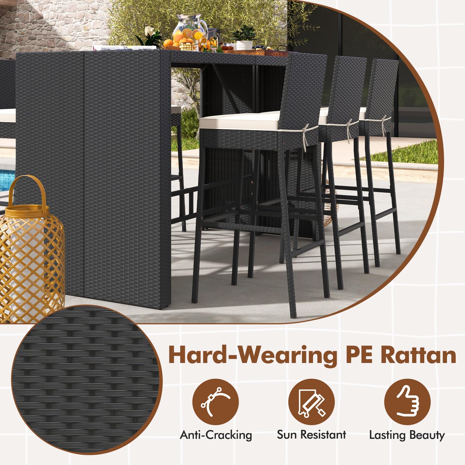 7-Piece Outdoor Bar Set with Acacia Wood Table and Wicker Stools
