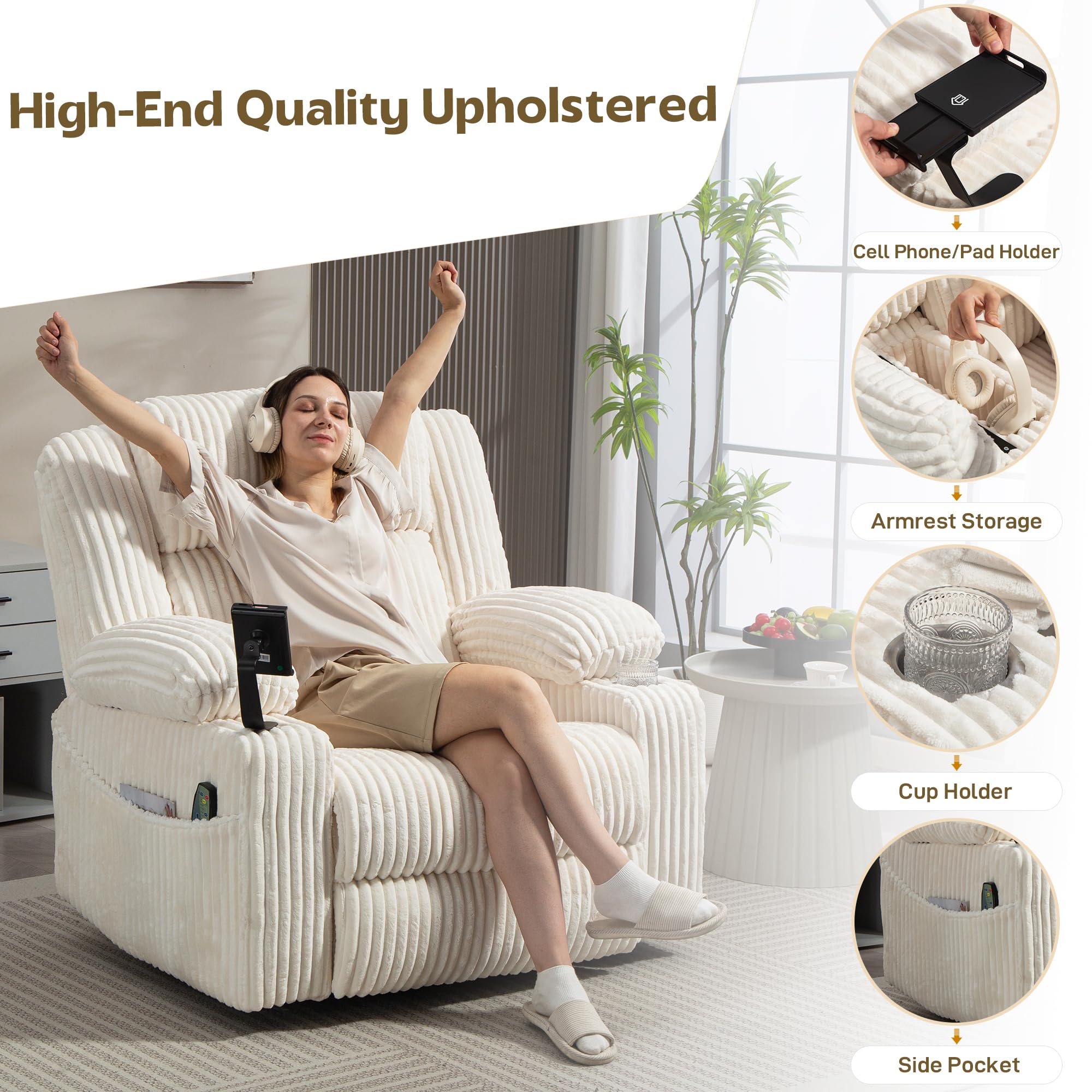 Power Swivel Rocker Recliner with Dual Motor, Vibration, Heat & USB Ports