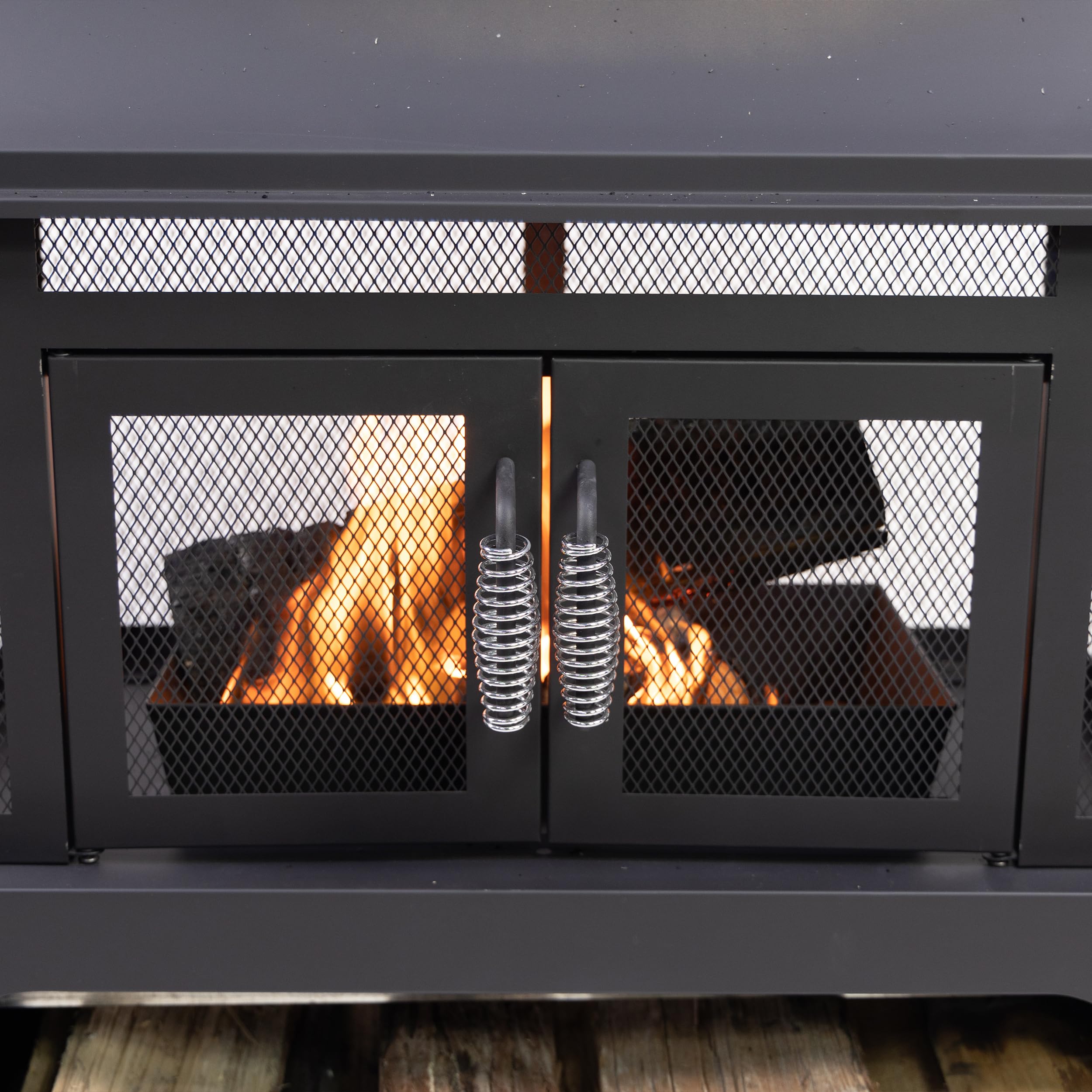 70 Inch Rectangular Outdoor Steel Woodburning Fireplace with Side Tables
