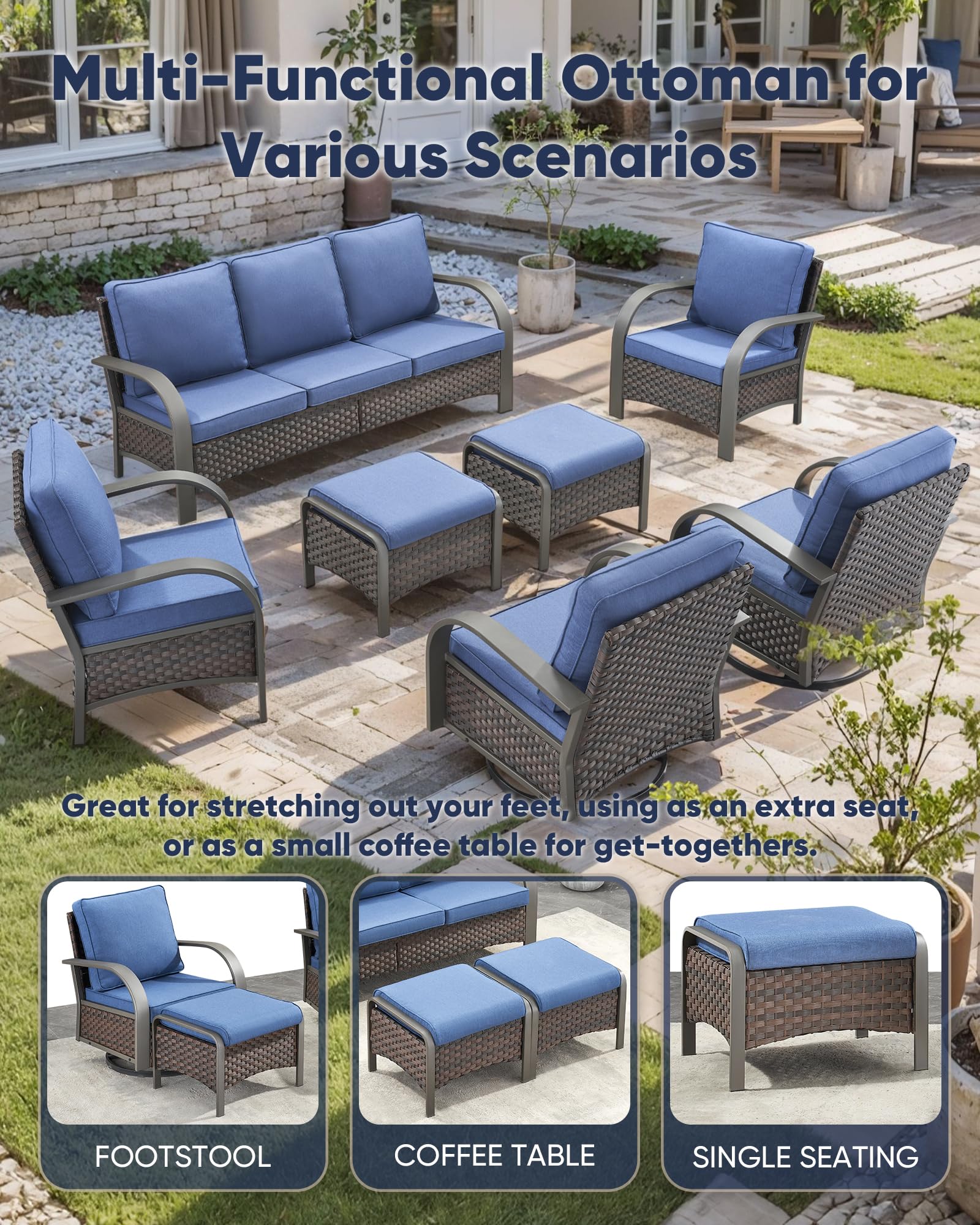 Outdoor Wicker Ottomans with Removable Cushions