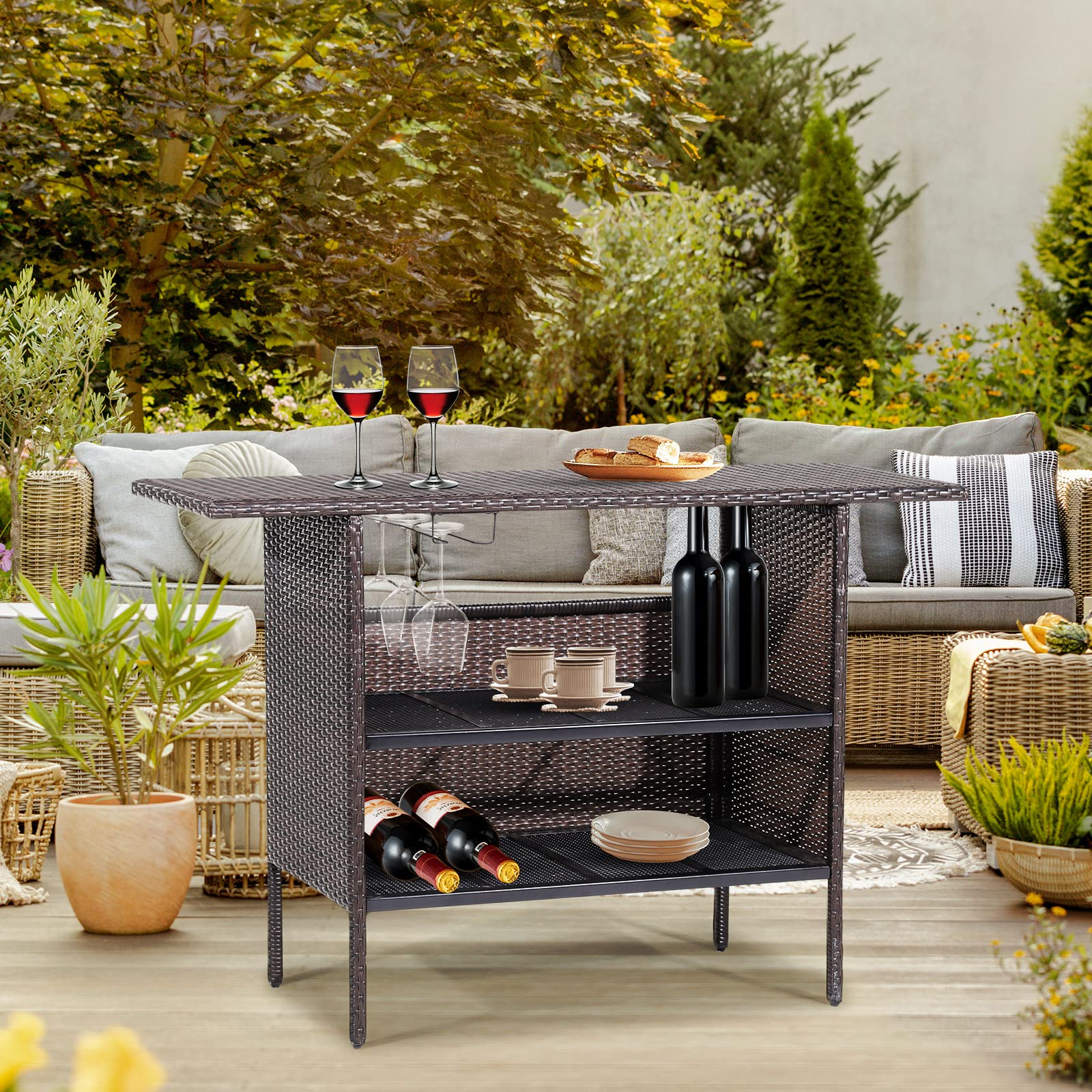 Outdoor Wicker Bar Table with Storage Shelves