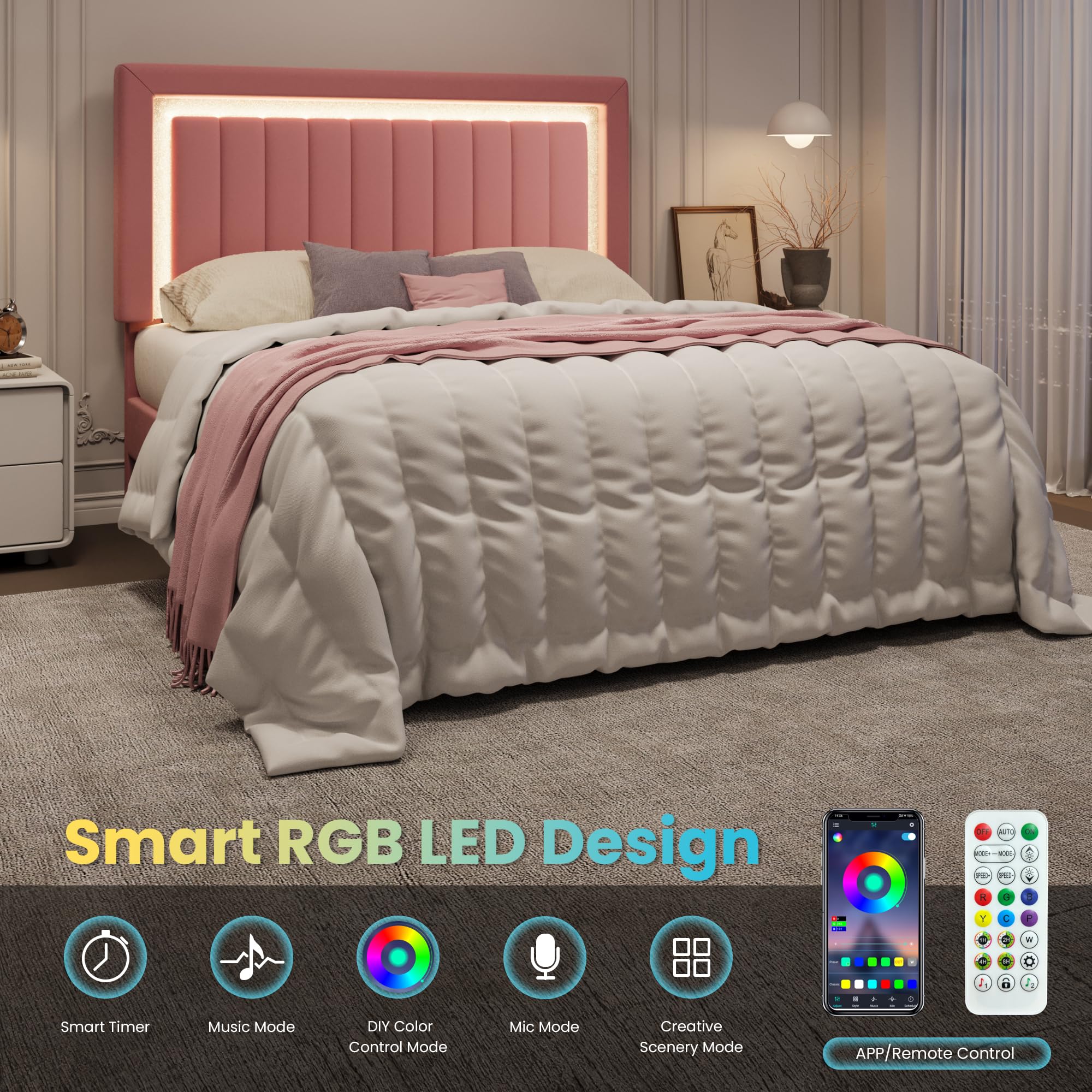 Full Size Pink Velvet LED Bed Frame with Adjustable Headboard