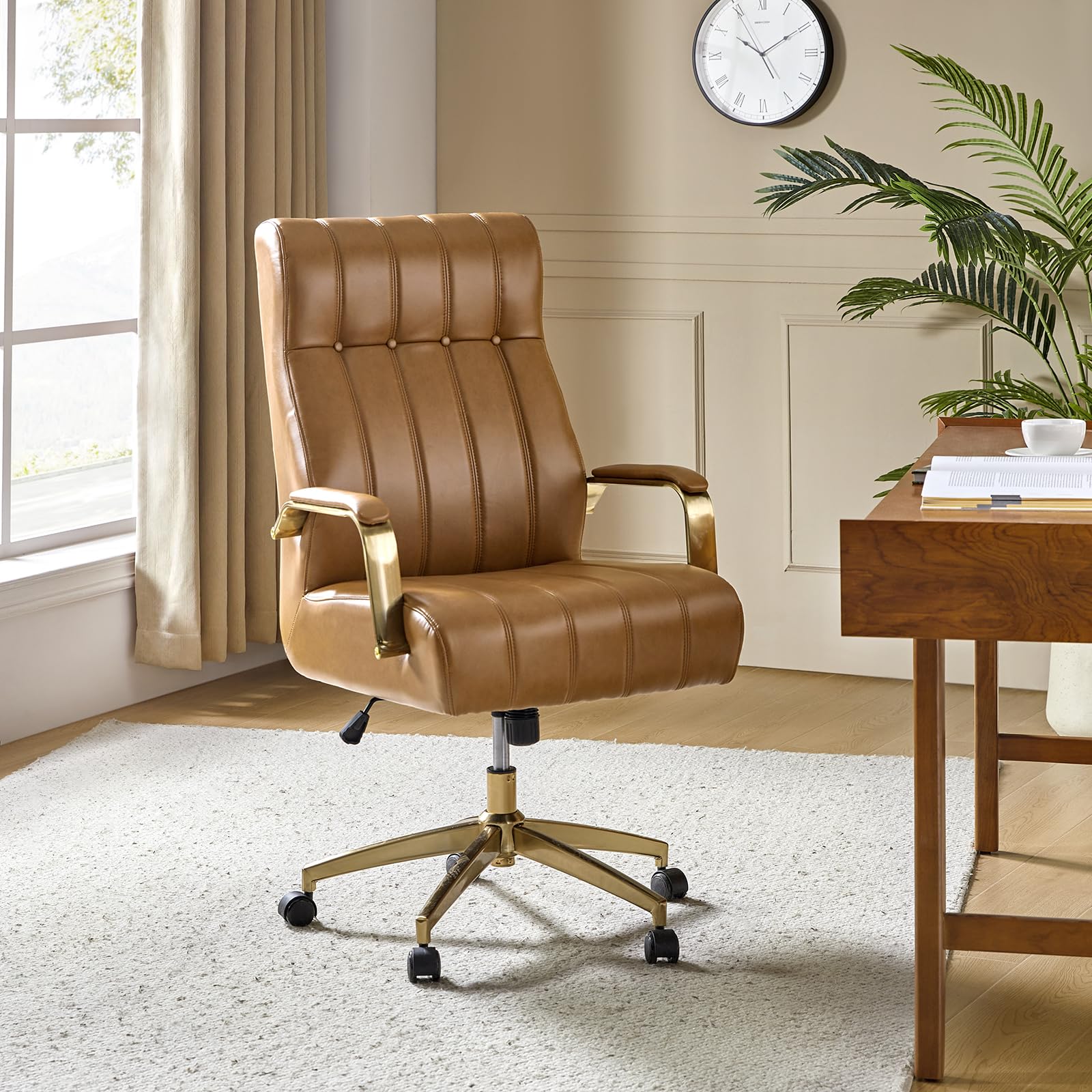 Executive Office Chair with Tufted Faux Leather and Gold Base