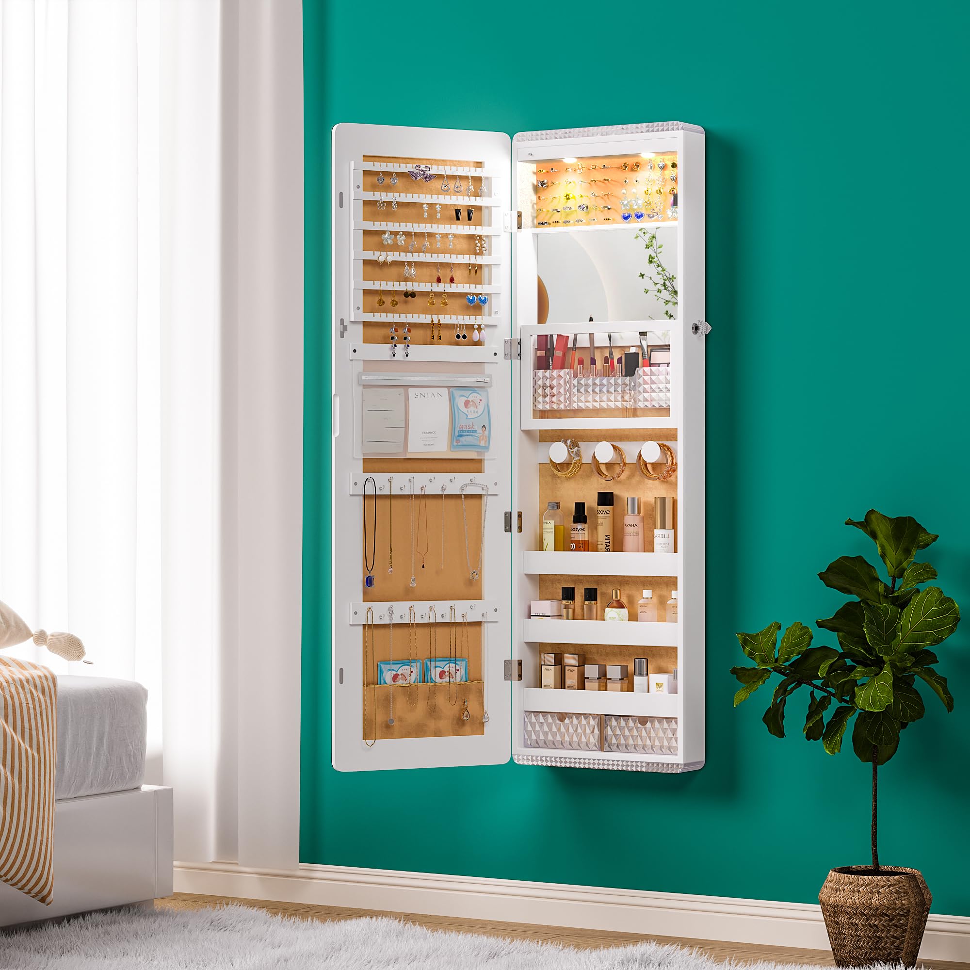 47.2" LED Wall Mounted Jewelry Cabinet with Full Length Mirror
