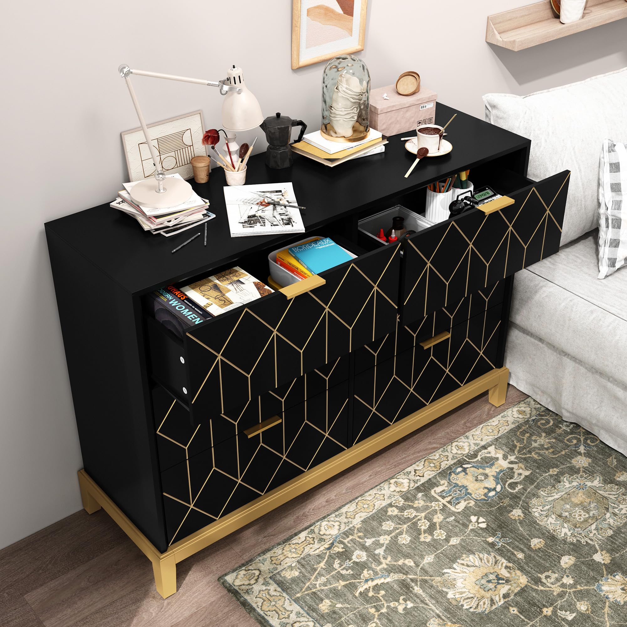 48" Modern Dresser with 6 Drawers and Gold Lines