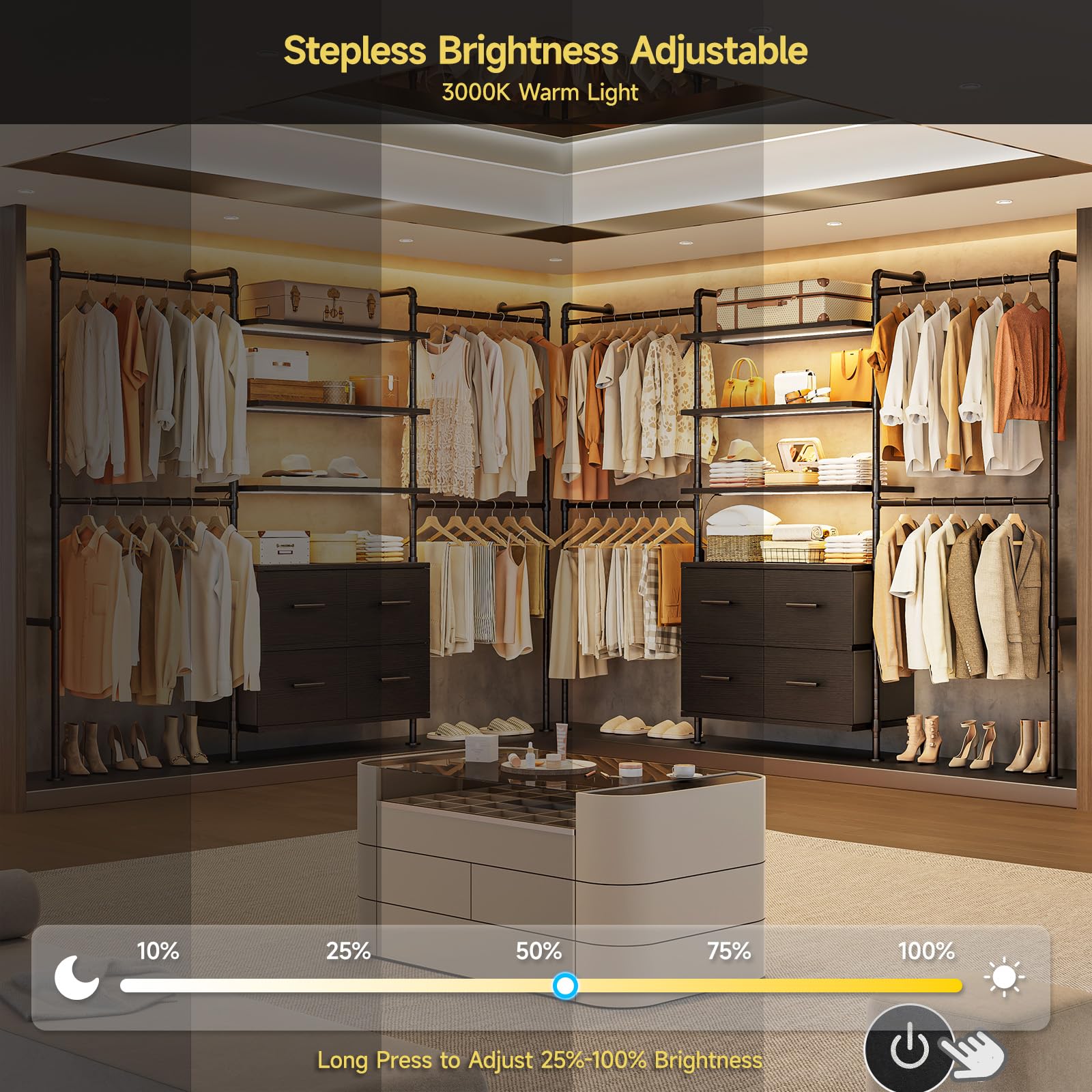 Closet System with Dimmable LED Light and Storage