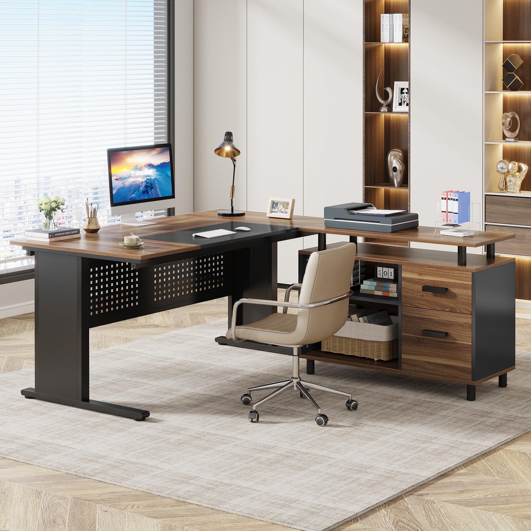 L-Shaped Executive Desk with File Cabinet