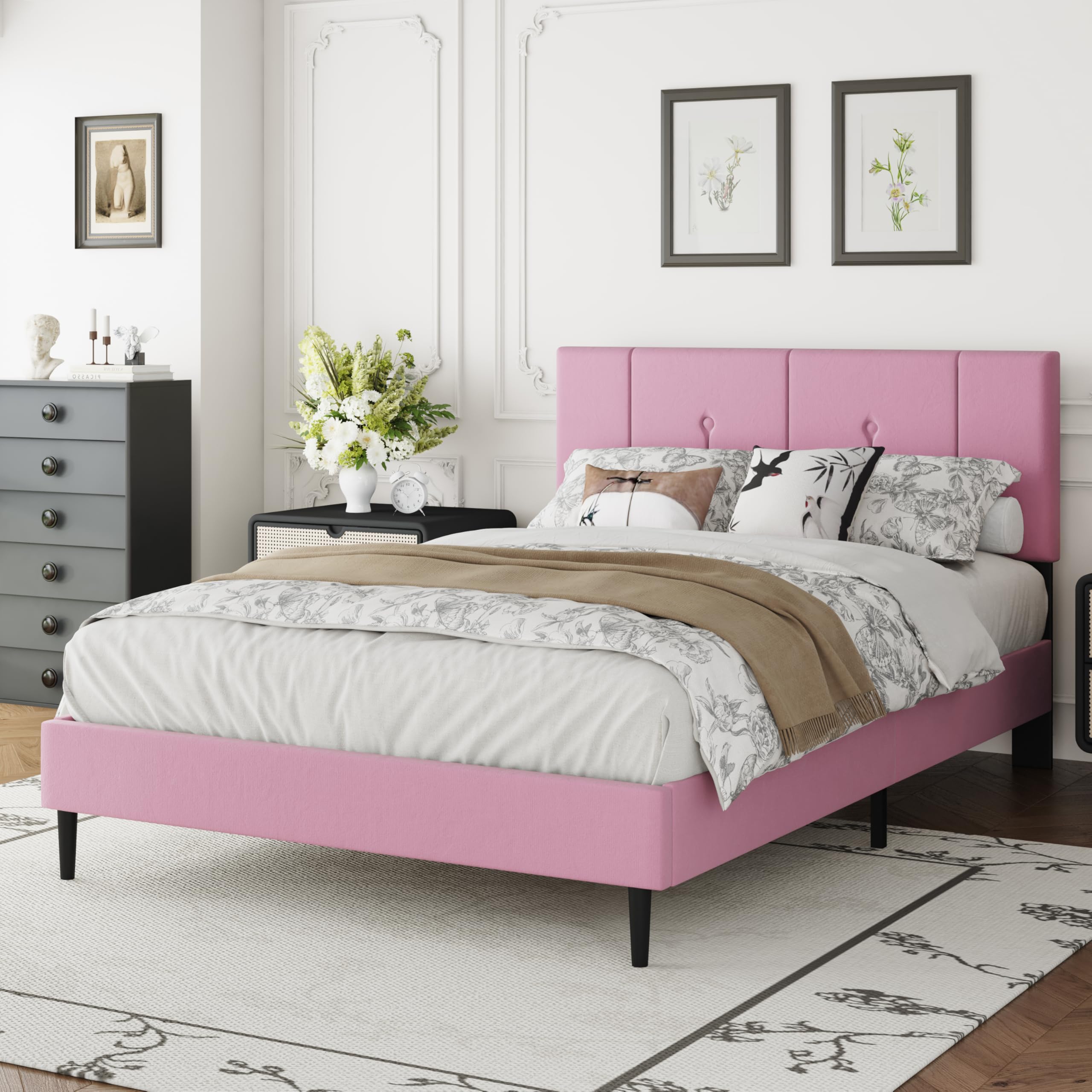 Full Size Pink Upholstered Platform Bed Frame