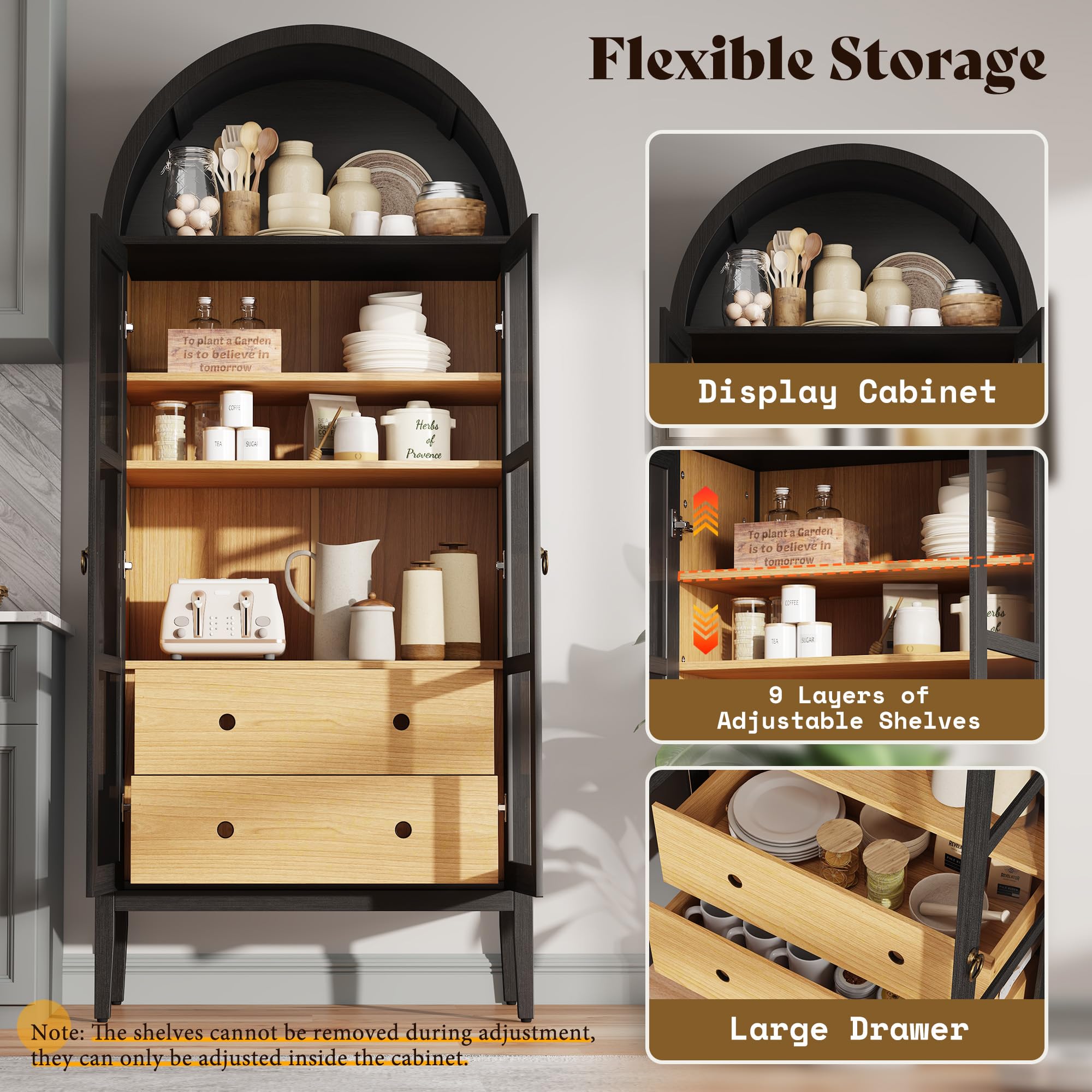 Tall Arched Storage Cabinet with Glass Doors