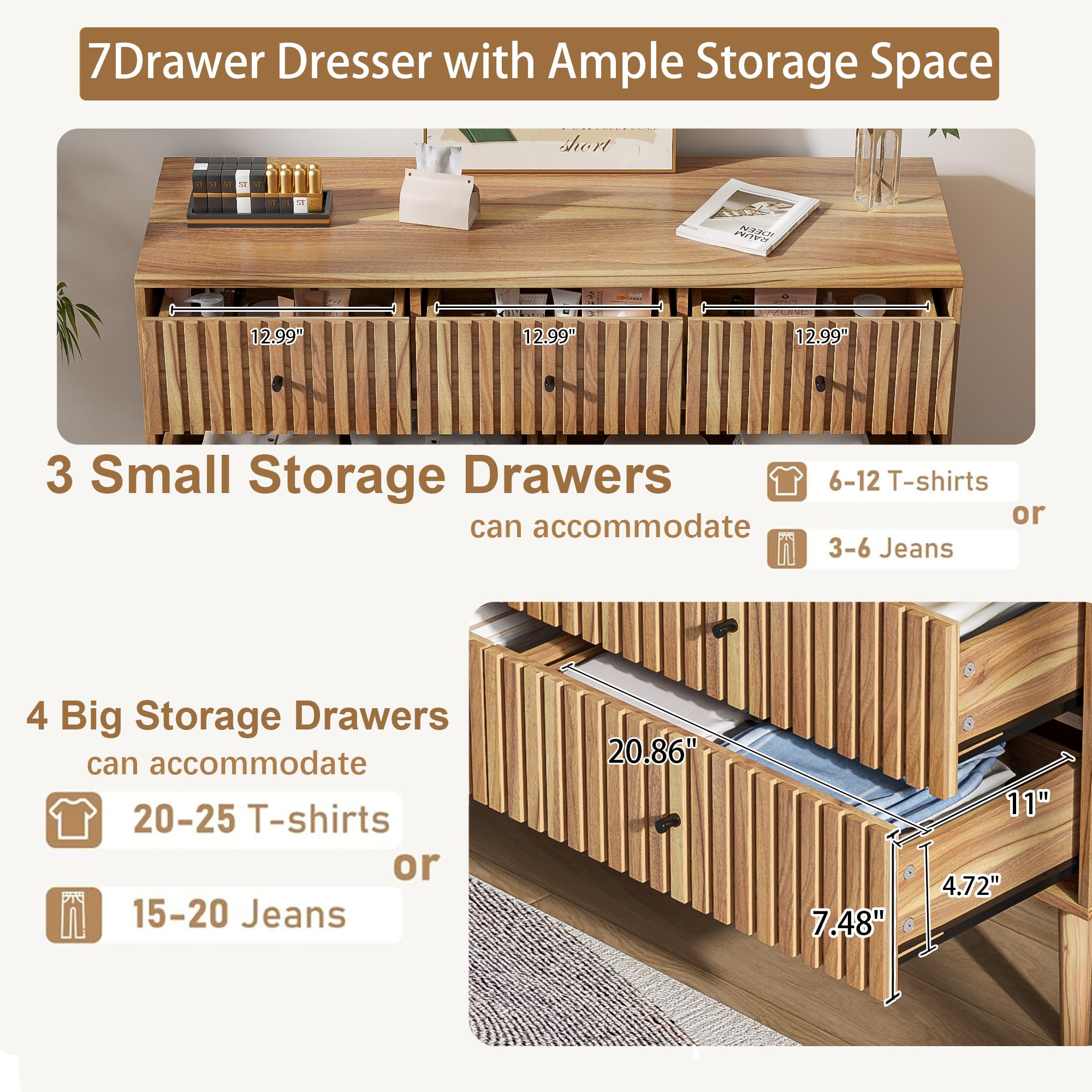Fluted 7 Drawer Dresser with Black Handles