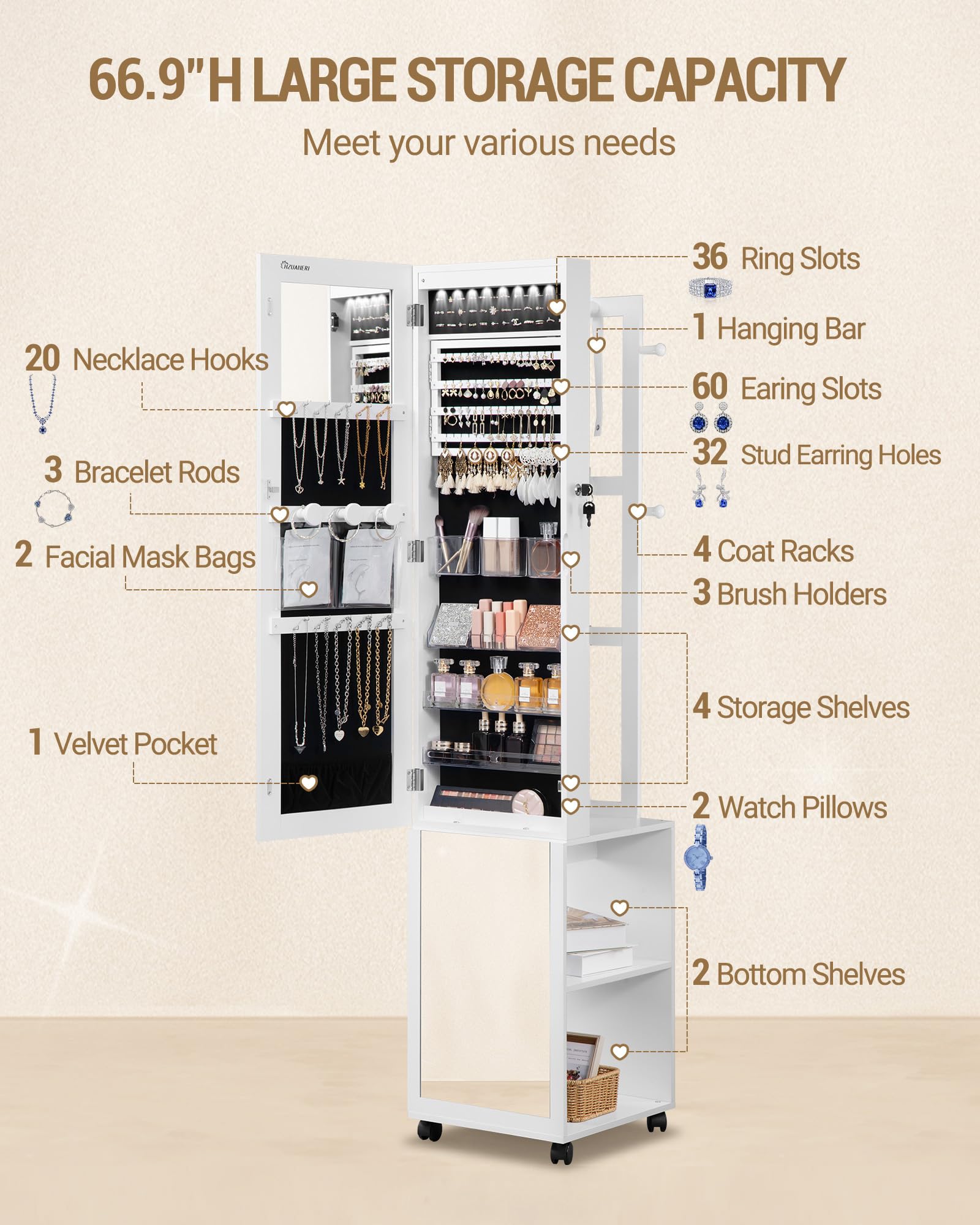 8 LED Jewelry Cabinet Armoire with Full-Length Mirror
