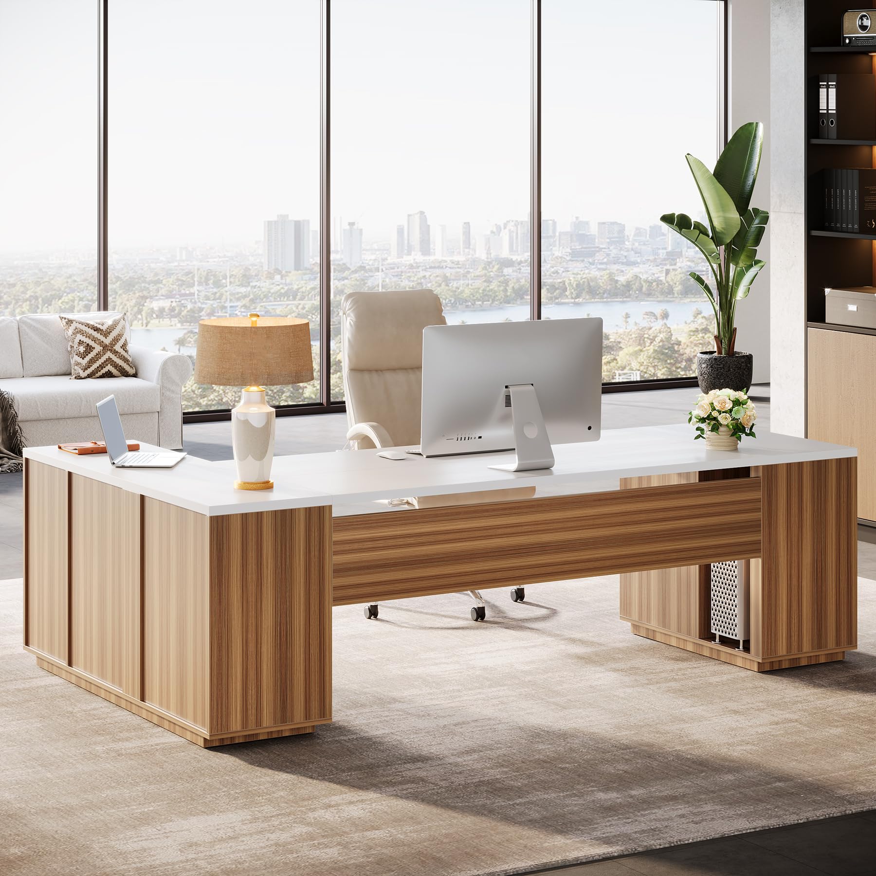 85.8-Inch L-Shaped Executive Desk with File Drawers and Cabinet