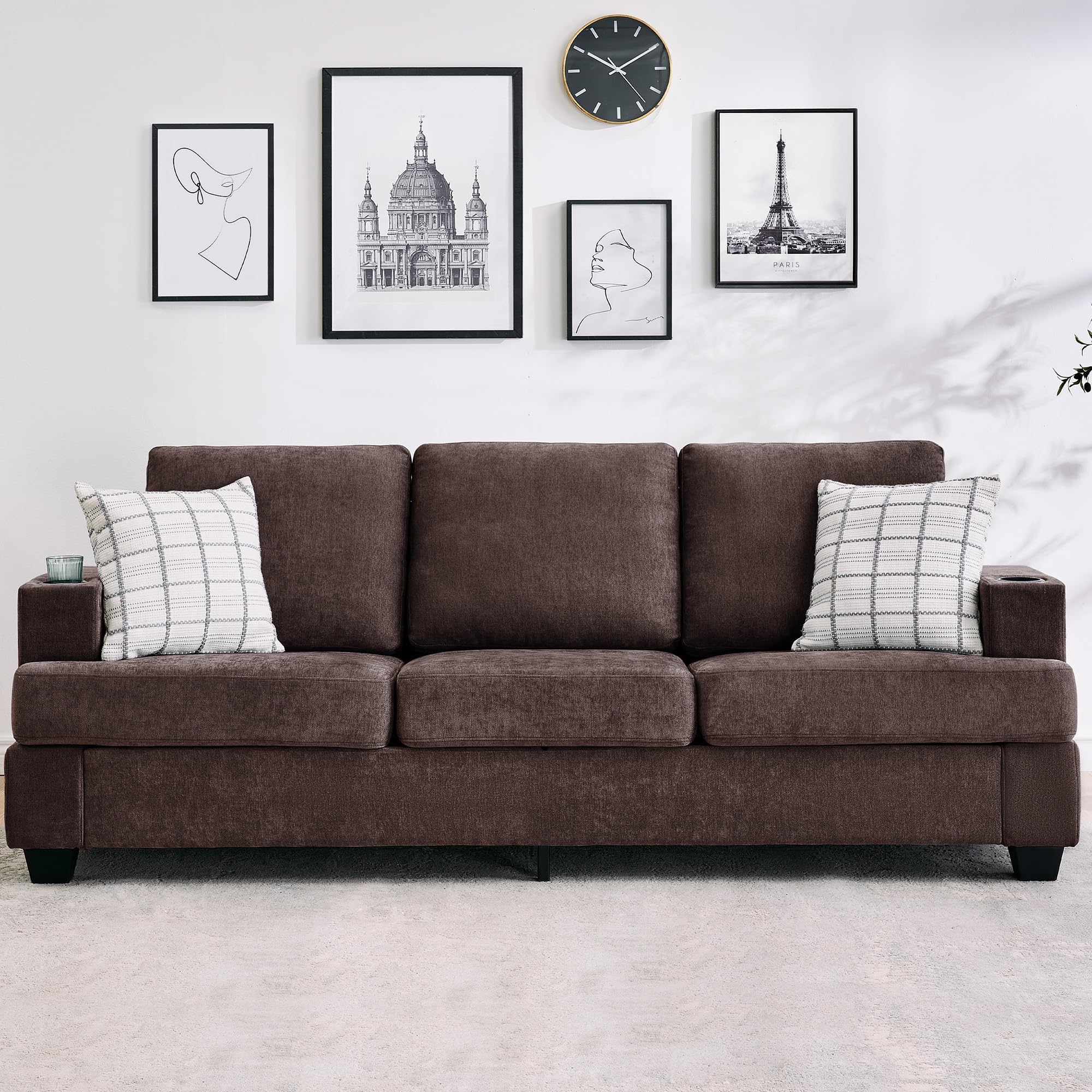 89-Inch 3-Seater Chenille Sofa with Cup Holders