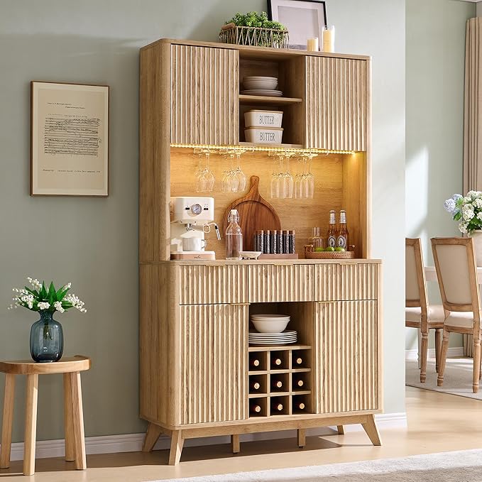 72" Tall Wine Bar Cabinet with Storage Hutch and LED Lights
