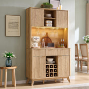 72" Tall Wine Bar Cabinet with Storage Hutch and LED Lights