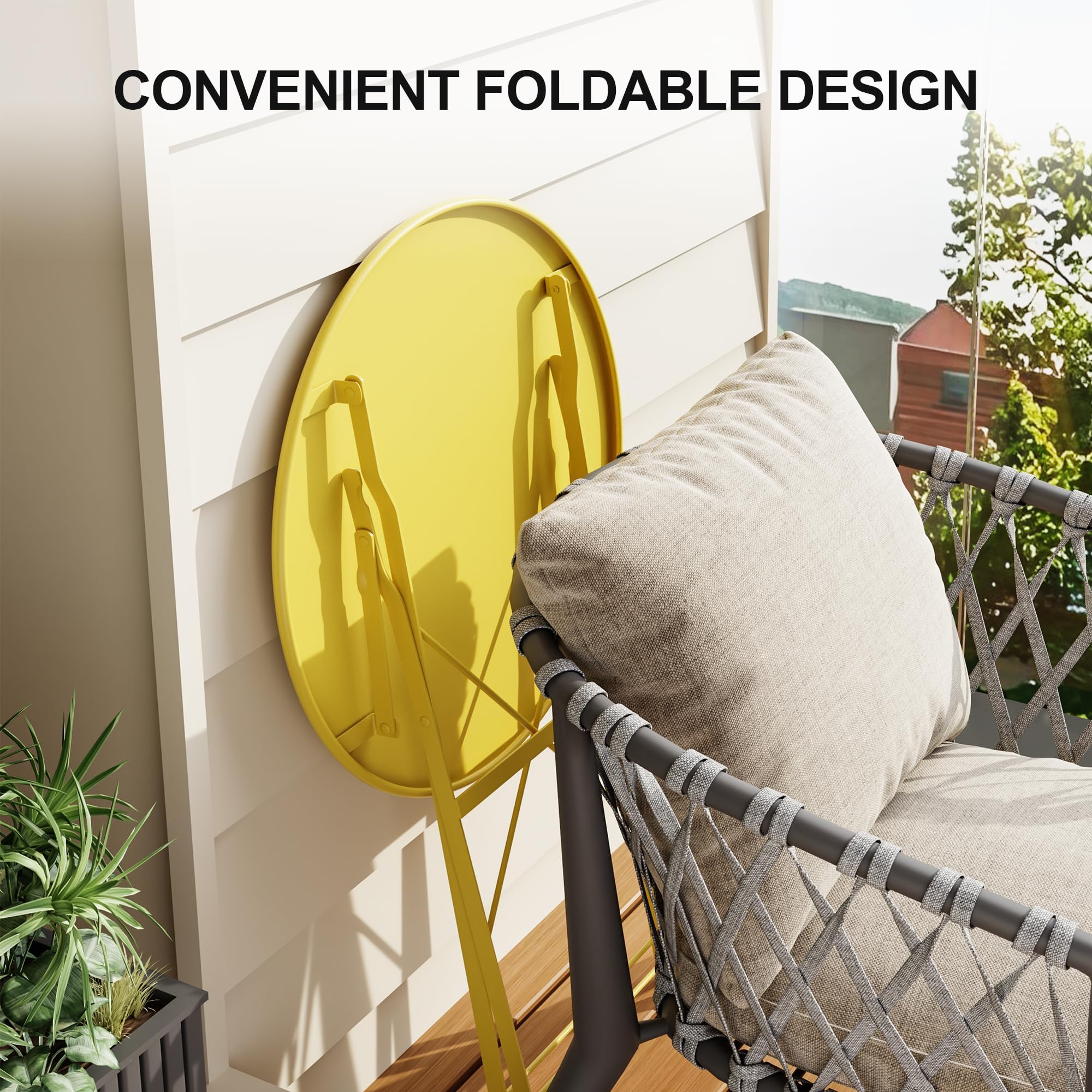 Patio Bistro Sets, 3-Piece Outdoor Furniture with Round Table & 2 Folding Chairs, Compact Balcony Set for Small Spaces, Porch/Garden, Yellow