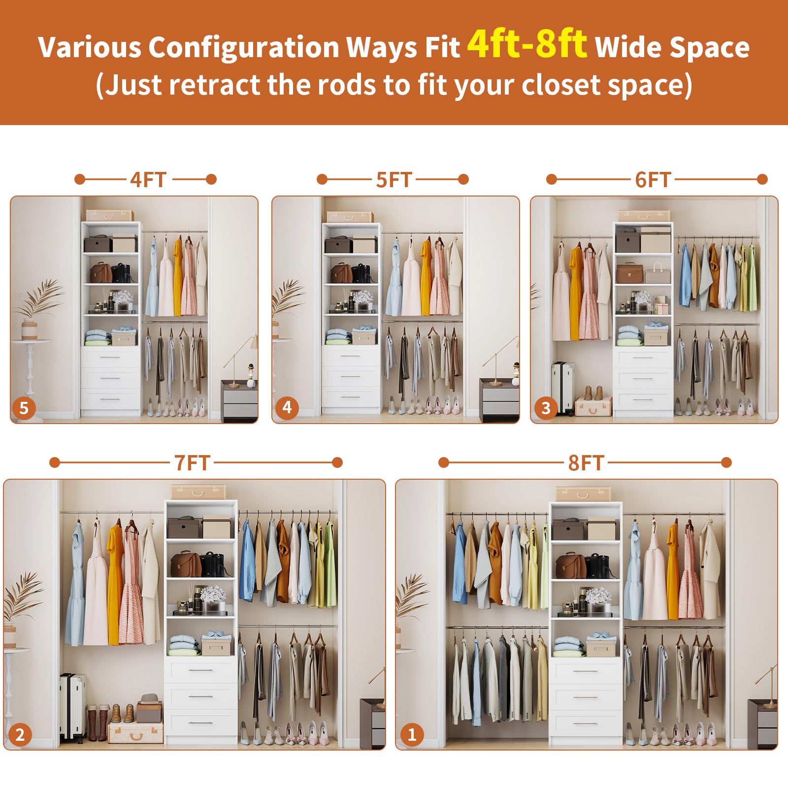 96-Inch Closet Organizer System with Drawers and Adjustable Shelves