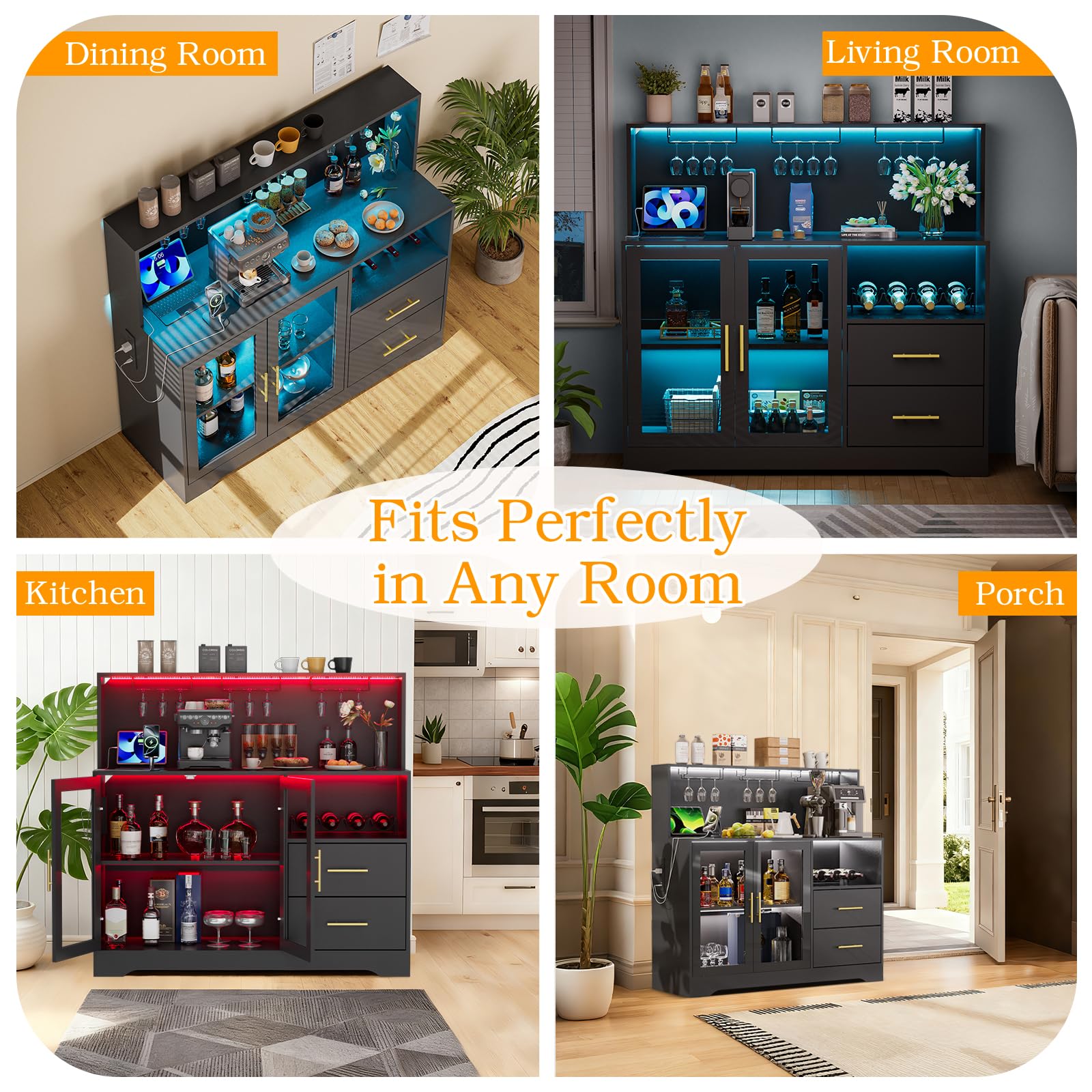 RGB LED Bar Cabinet with Wine Rack