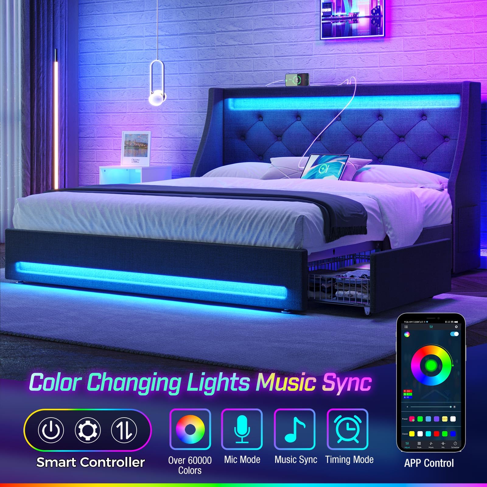 Full Bed Frame with LED Lights and Charging Station