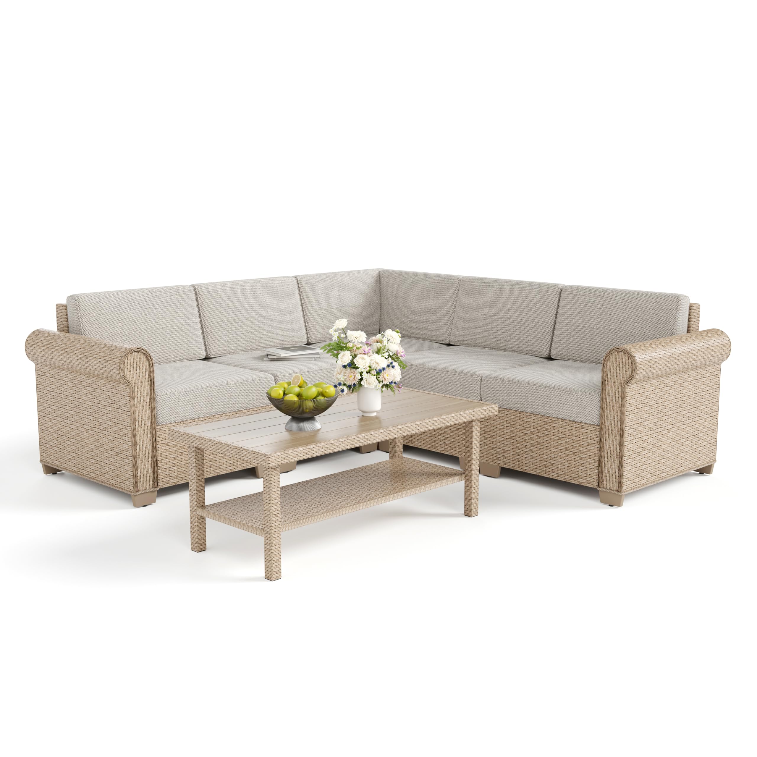 6-Piece Wicker Rattan Sectional Sofa Set with Waterproof Cushions
