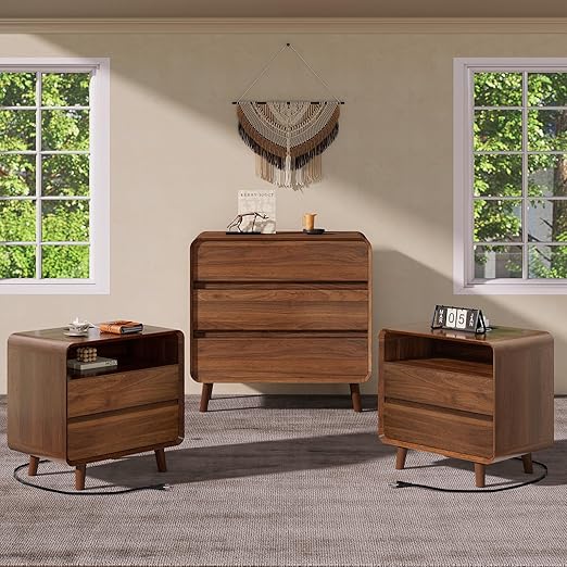 Nasonet Dresser and Nightstand Sets 3 Piece, 6 Drawer Dresser for Bedroom and Nightstands Set of 2, Wood Chest of Drawers Night Stand Mid Century Modern Bedroom Furniture Set, Walnut