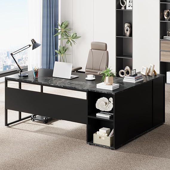 71 Inch L-Shaped Executive Desk with Cabinet Storage