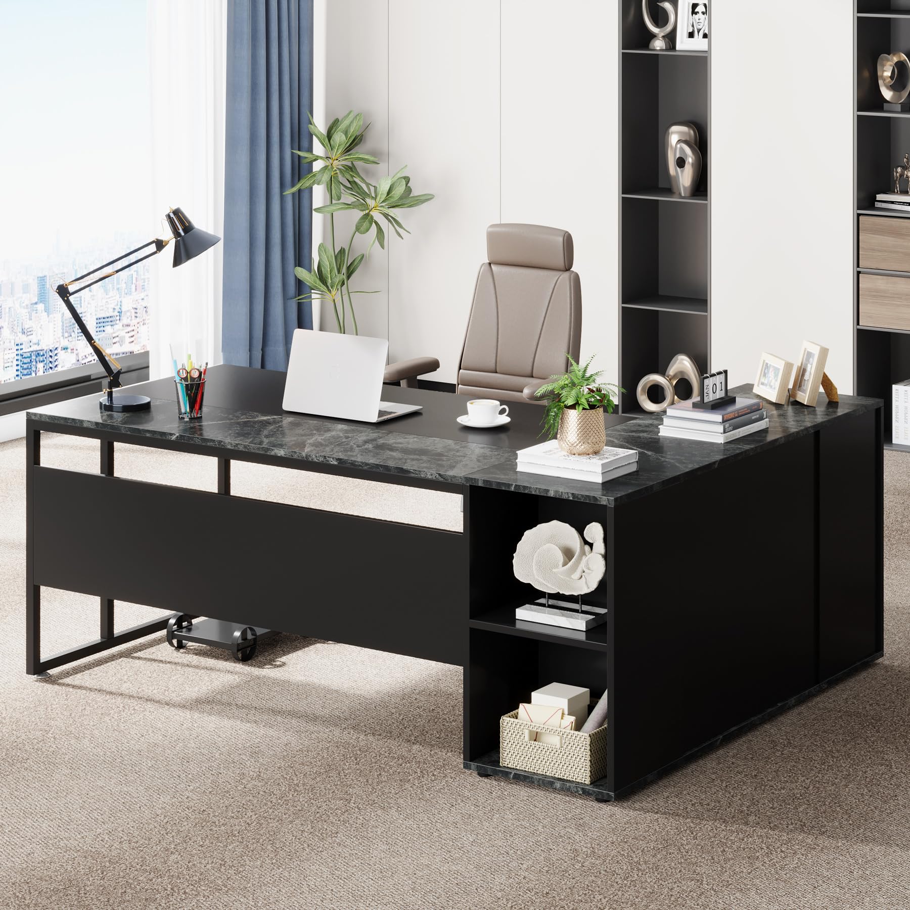 71 Inch L-Shaped Executive Desk with Cabinet Storage