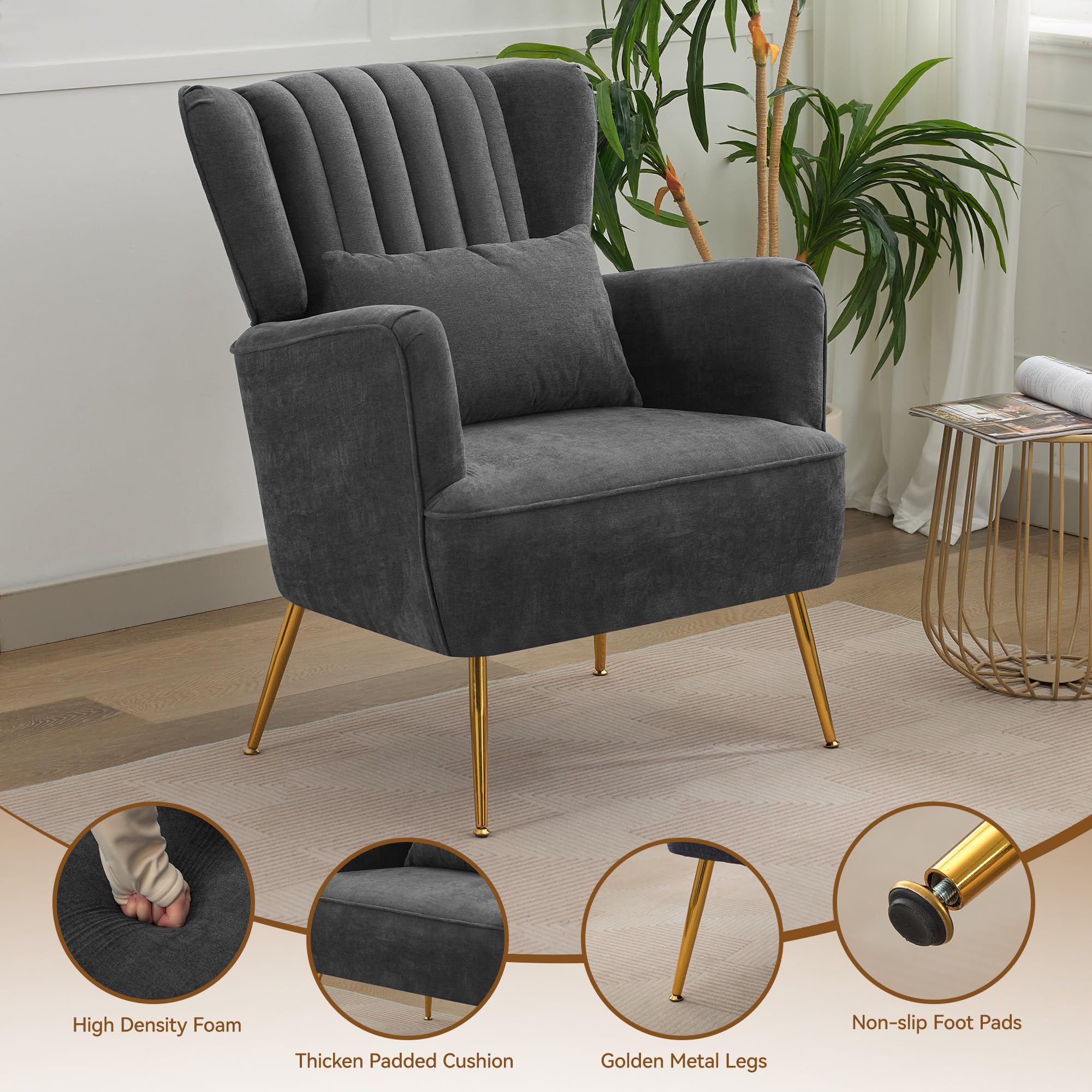 Fabric Accent Arm Chair Set of 2 with Pillow & Golden Legs