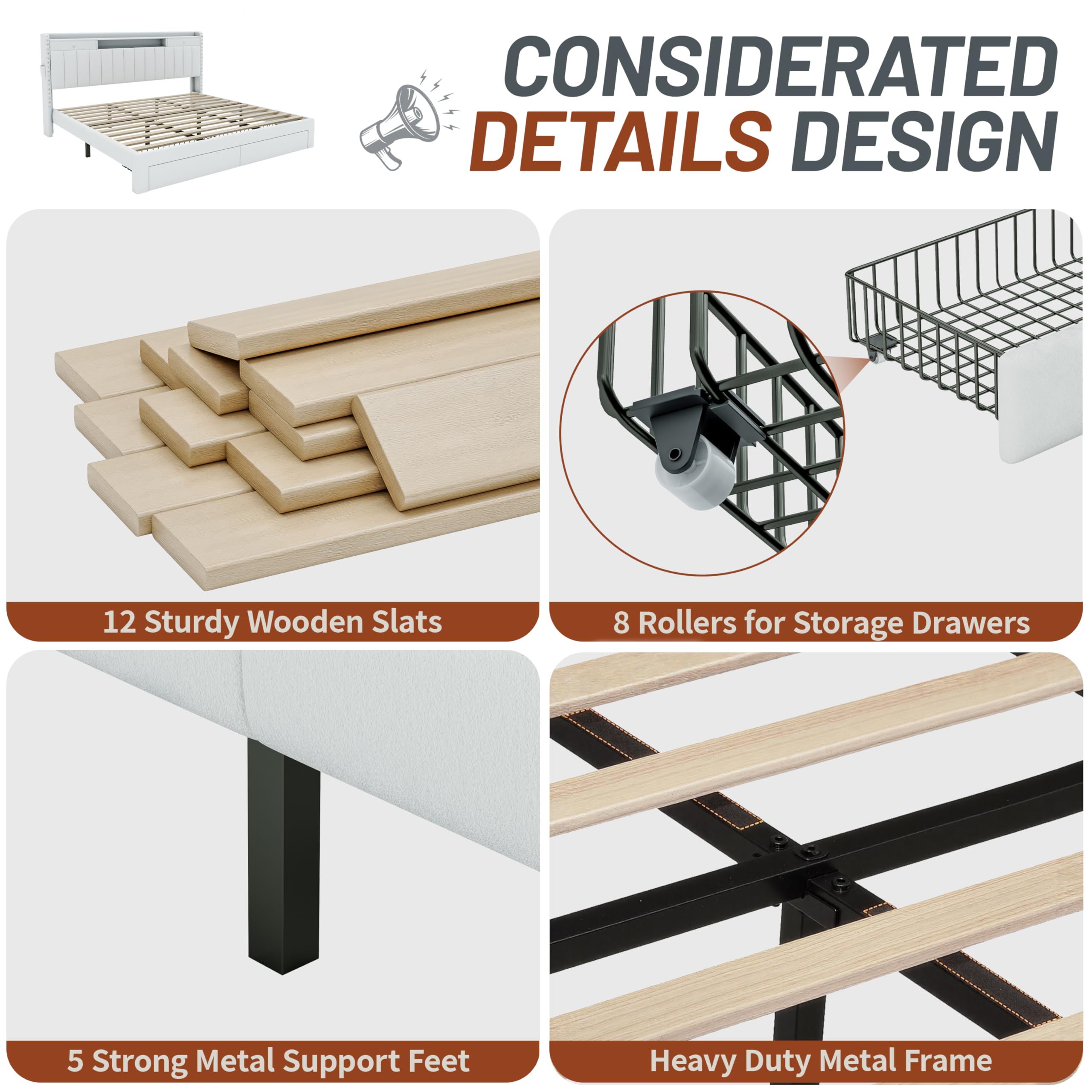 Queen Bed Frame with Storage Drawers and Charging Station