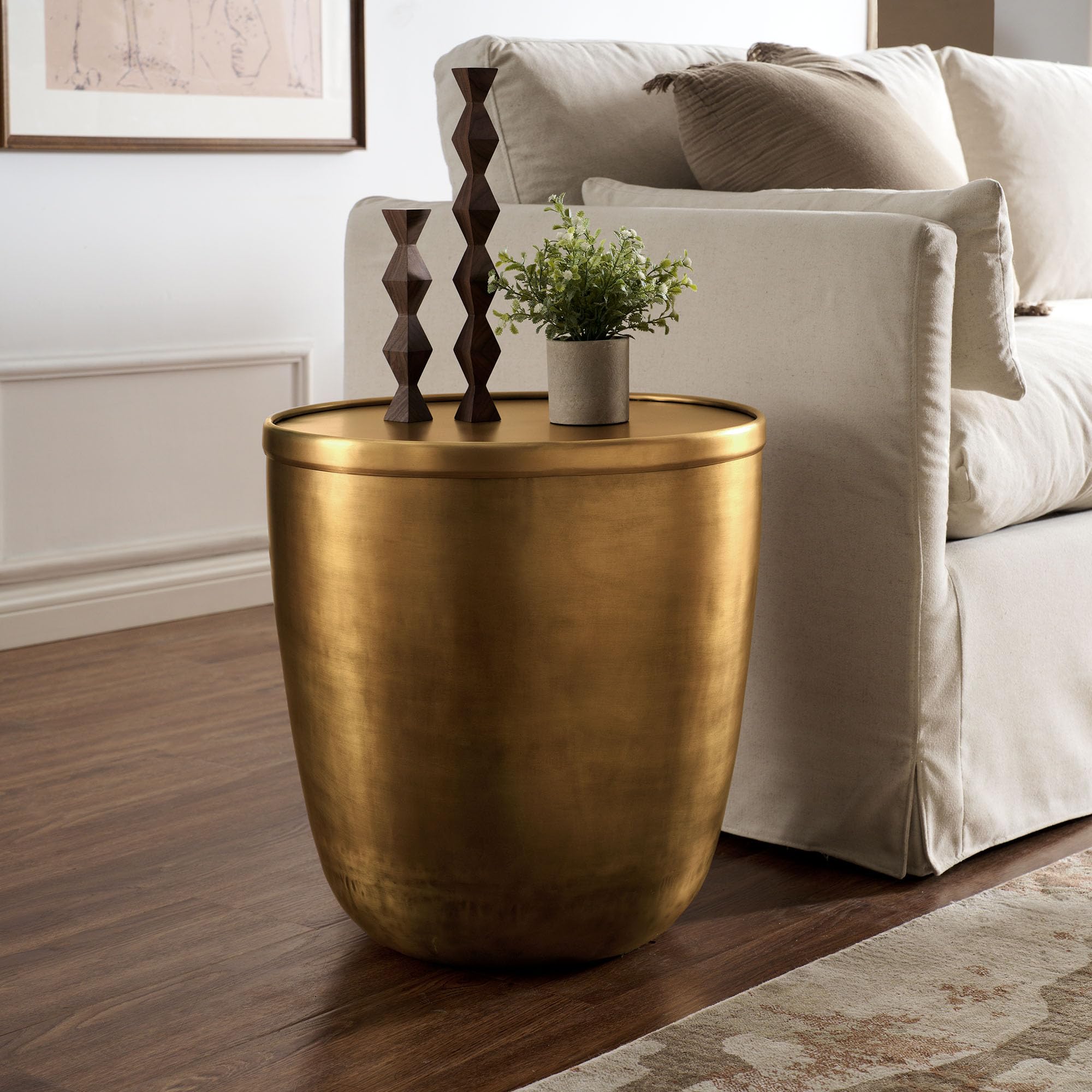 Metal Storage Side End Table - Burnished Brass Finish with Removable Lid