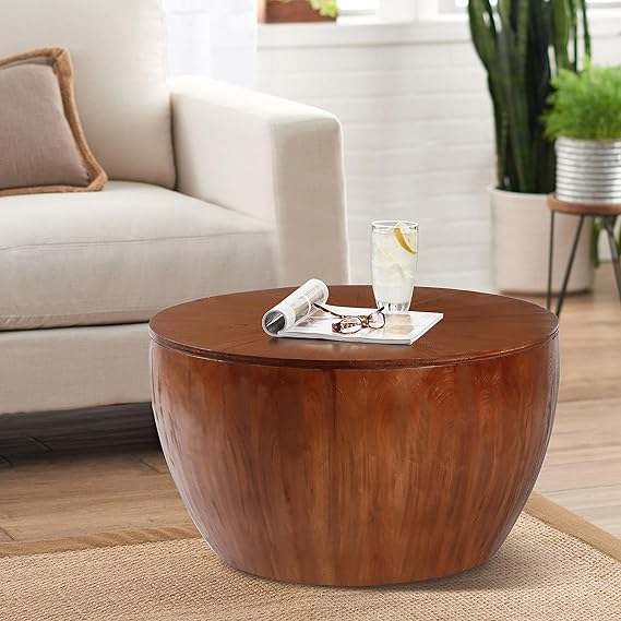 31.50" Round Drum Coffee Table with Storage