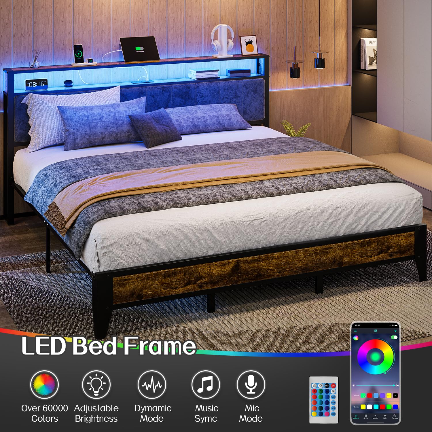 King Bed Frame with LED Headboard and Charging Station