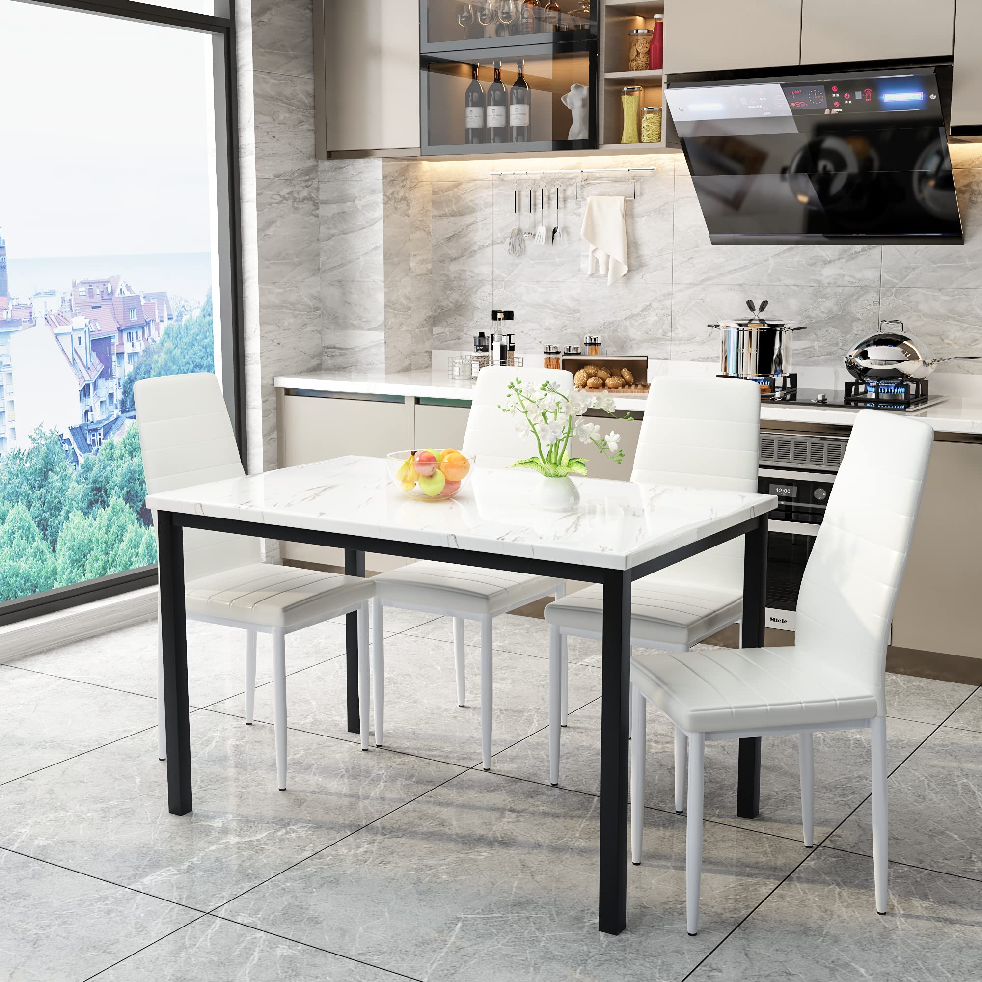 5 Pieces Dining Table Set with Faux Marble Top and 4 Upholstered Chairs