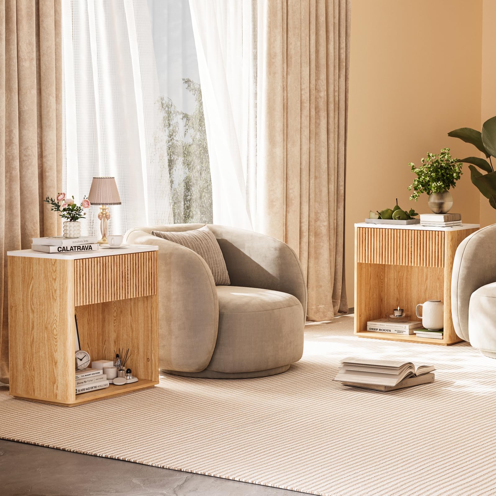 Modern Fluted Nightstand Set of 2 with Drawer and Open Shelf