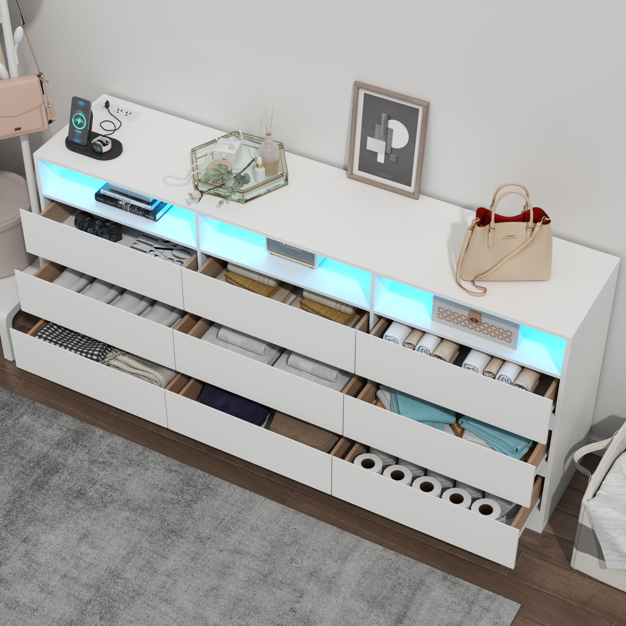 9 Drawer Dresser with Power Outlet and LED Light Strip