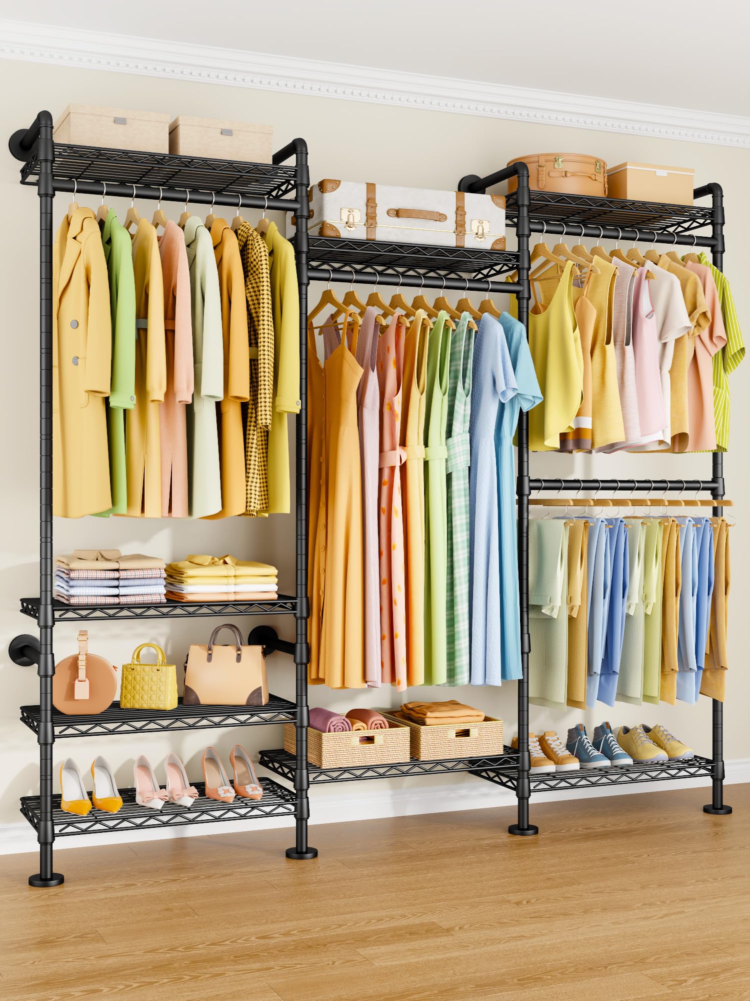 Wall Mounted Clothes Rack with 8 Shelves and 4 Hanger Rods