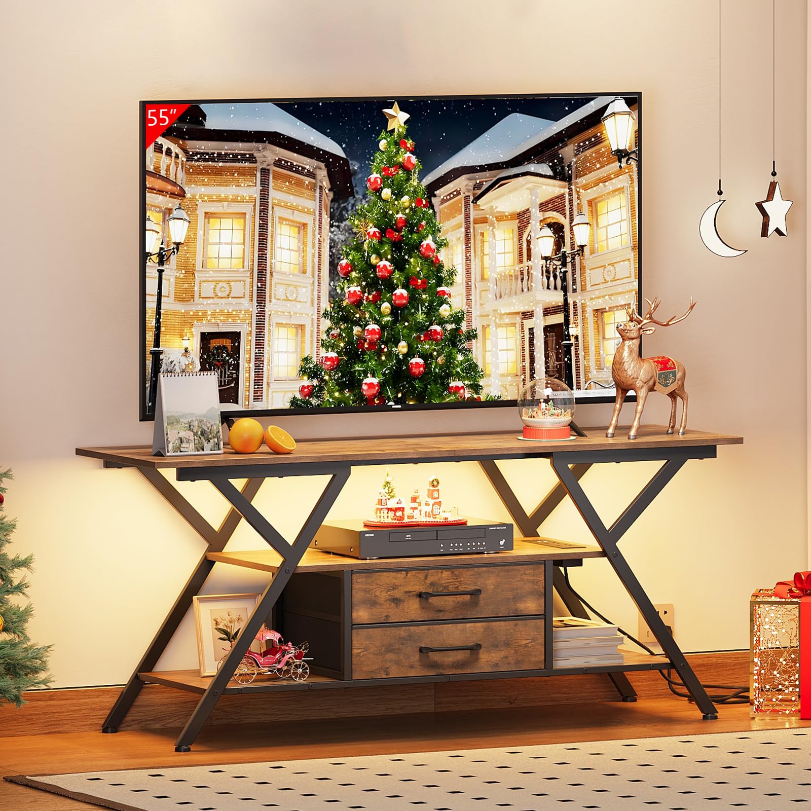 TV Stand with Power Outlet and LED Lights for 65 Inch TVs