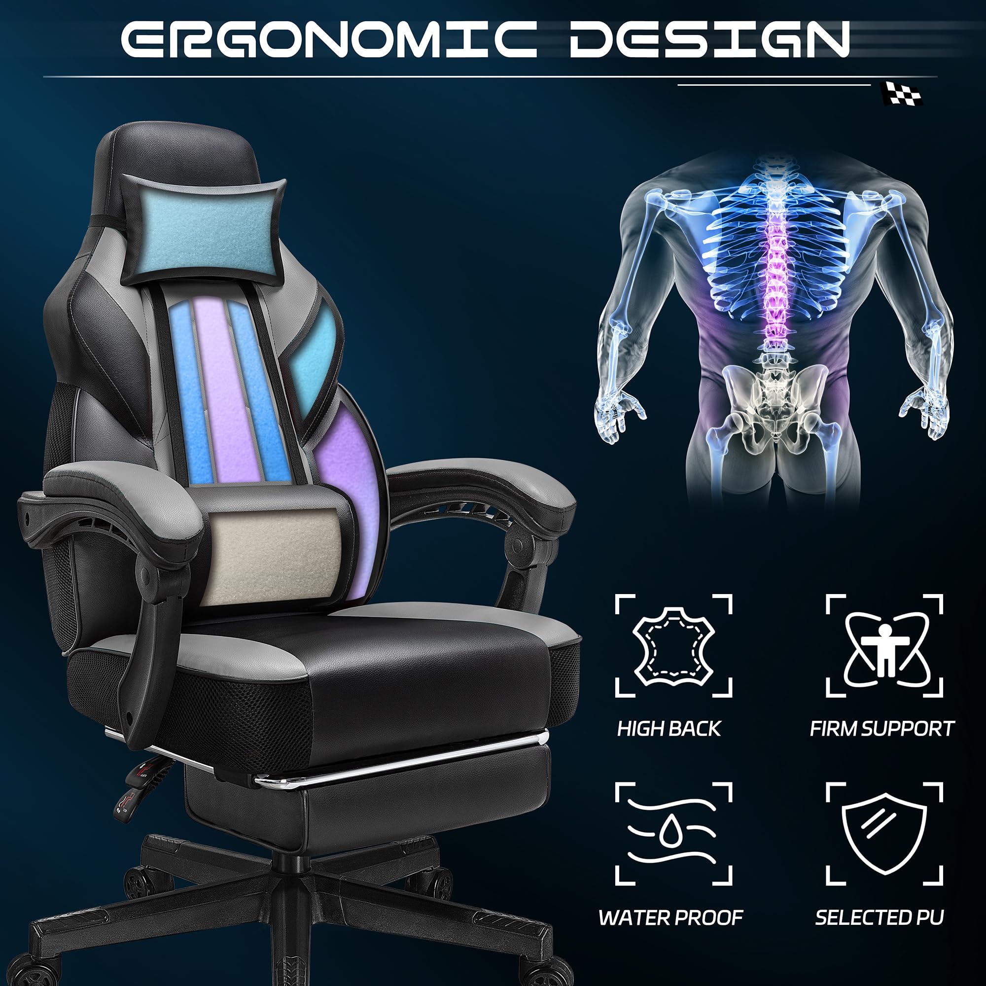 Ergonomic Gaming Chair with Footrest and Massage Lumbar
