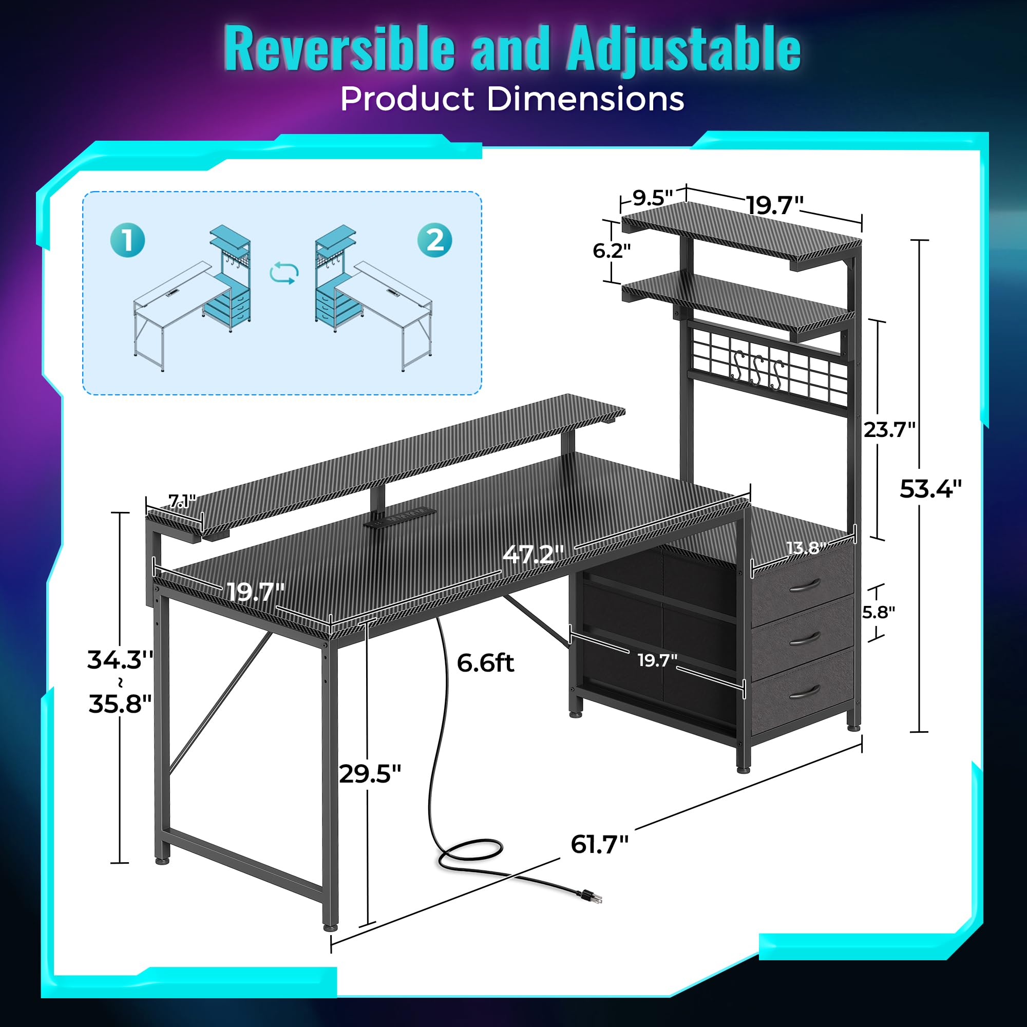 61.7" Gaming Desk with LED Lights and Outlets