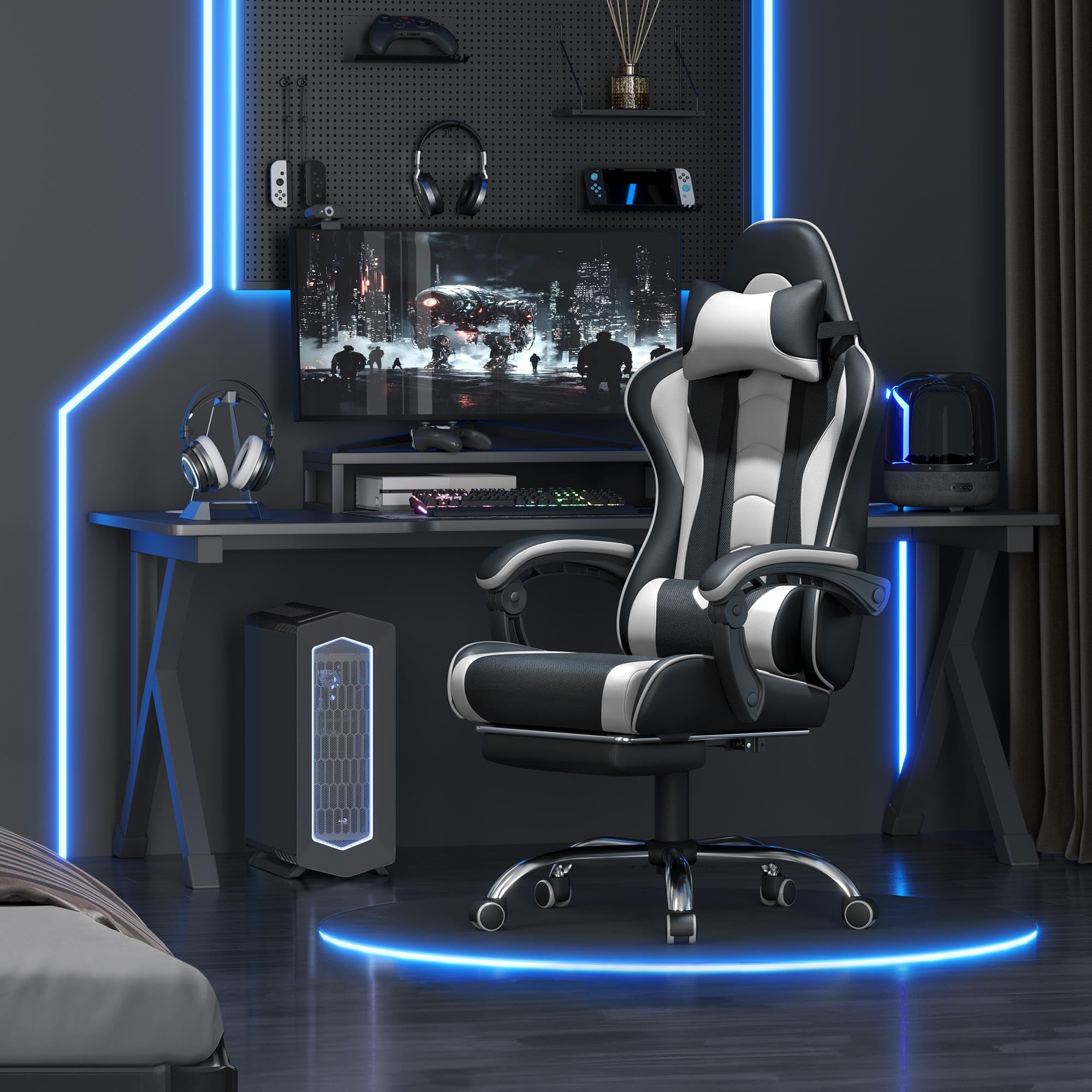 Gaming Chair with Massage Lumbar Support and Footrest