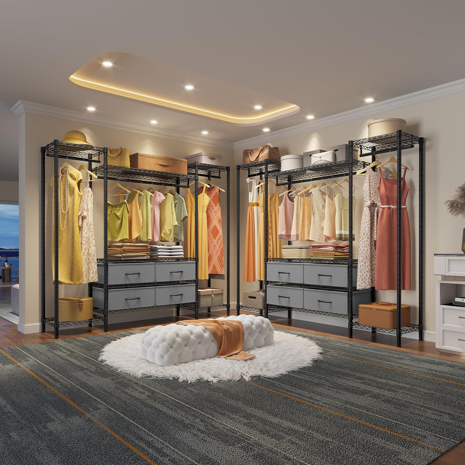 Wire Garment Rack with 6 Shelves, 3 Hang Rods & 4 Fabric Drawers