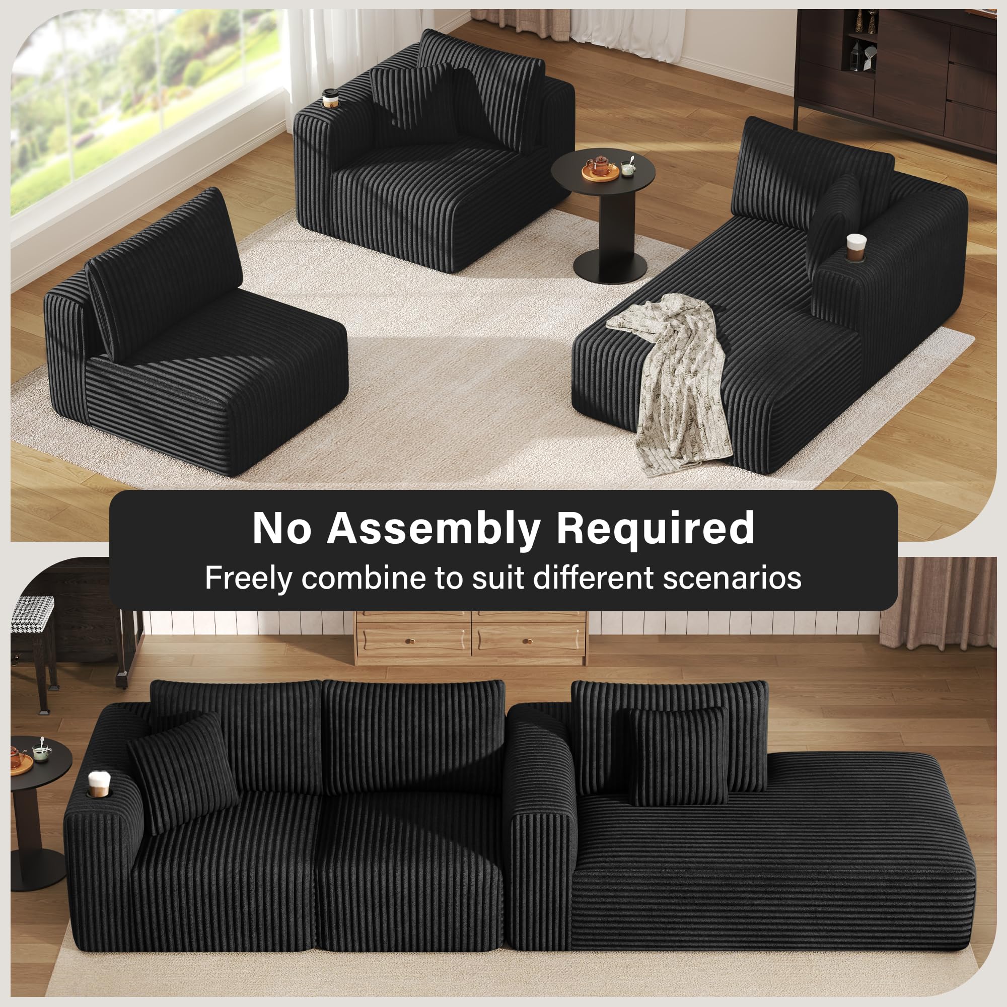 DURASPACE Modular Sectional Sofa, Cloud Boneless Couch with Deep Seat, Cup Holder, Memory Foam, Corduroy L Shaped Couch Convertible Sofa Bed for Living Room Bedroom, No Assembly Required