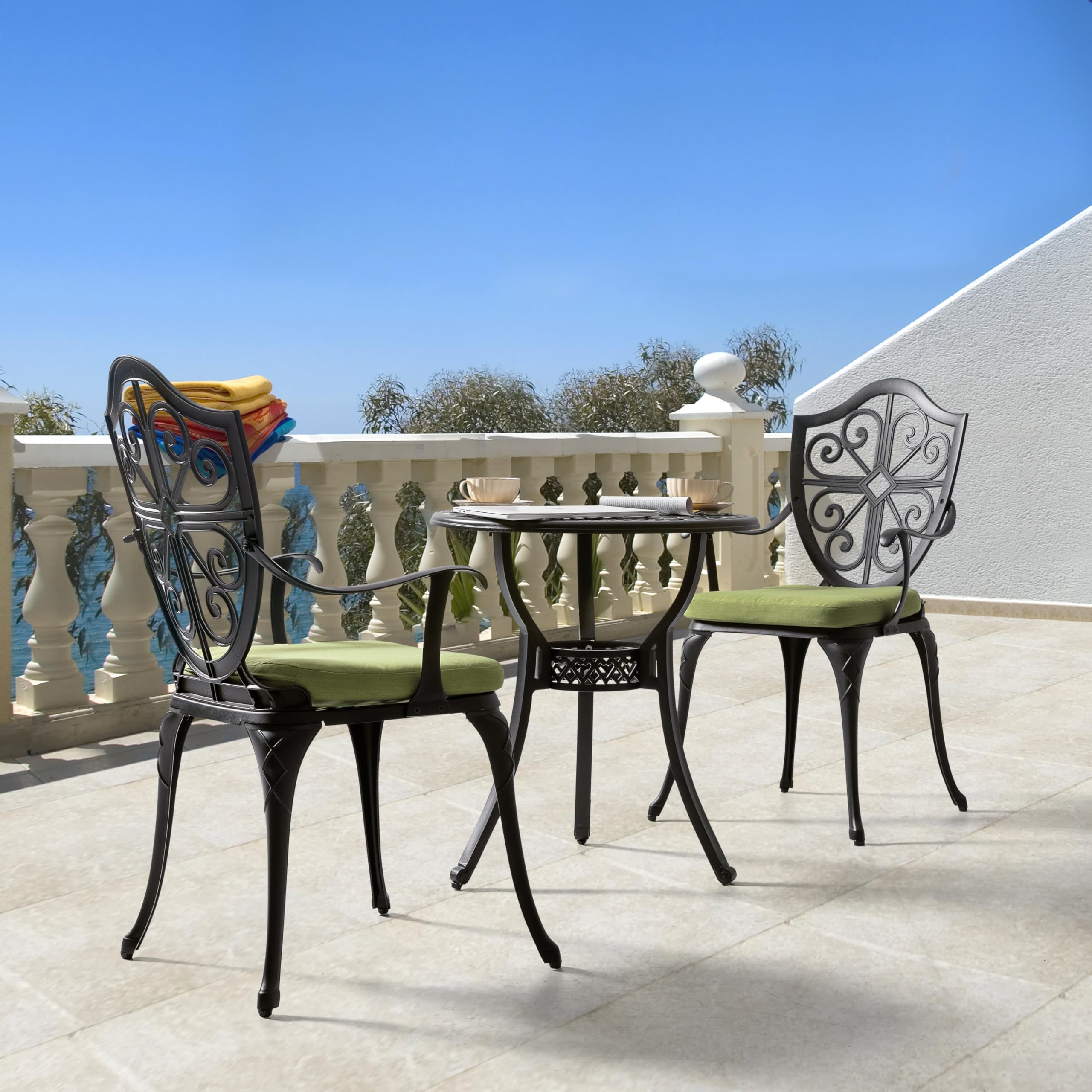 3-Piece Cast Aluminum Bistro Set with Cushions