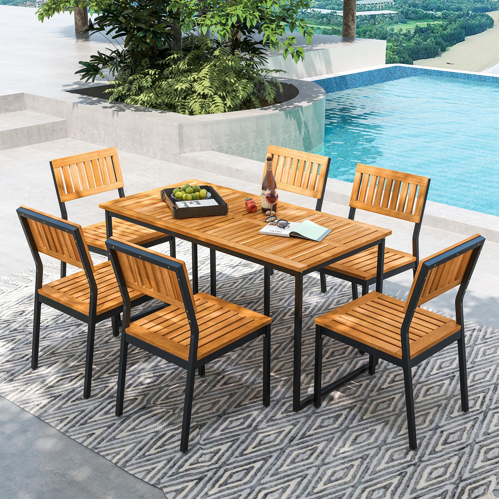 Tangkula 7 Piece Outdoor Dining Set for 6, Acacia Wood Rectangular Dining Table & 6 Armless Chairs w/Metal Frame, Umbrella Hole, Farmhouse Dining Furniture Set for Garden Porch Poolside