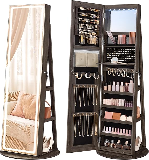 LED Jewelry Cabinet with Full-Length Mirror