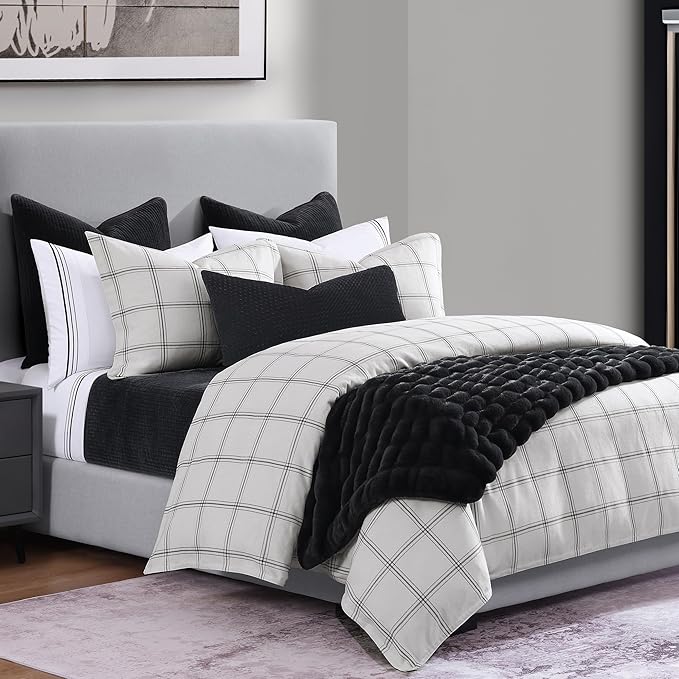 King Plaid Comforter Set White 3 Piece