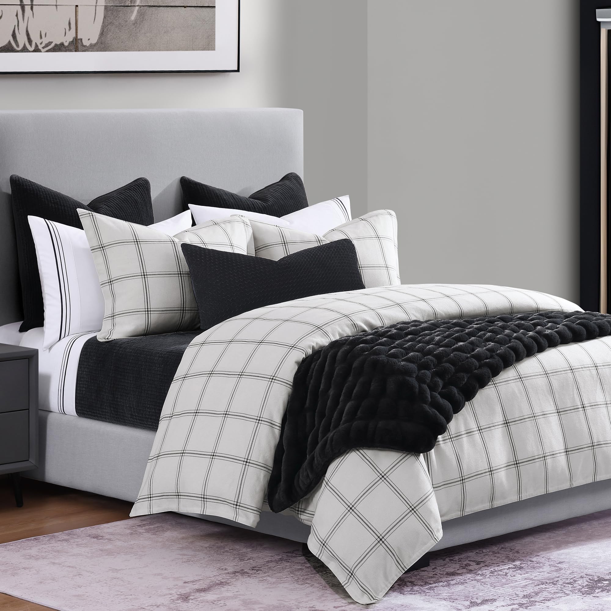 King Plaid Comforter Set White 3 Piece
