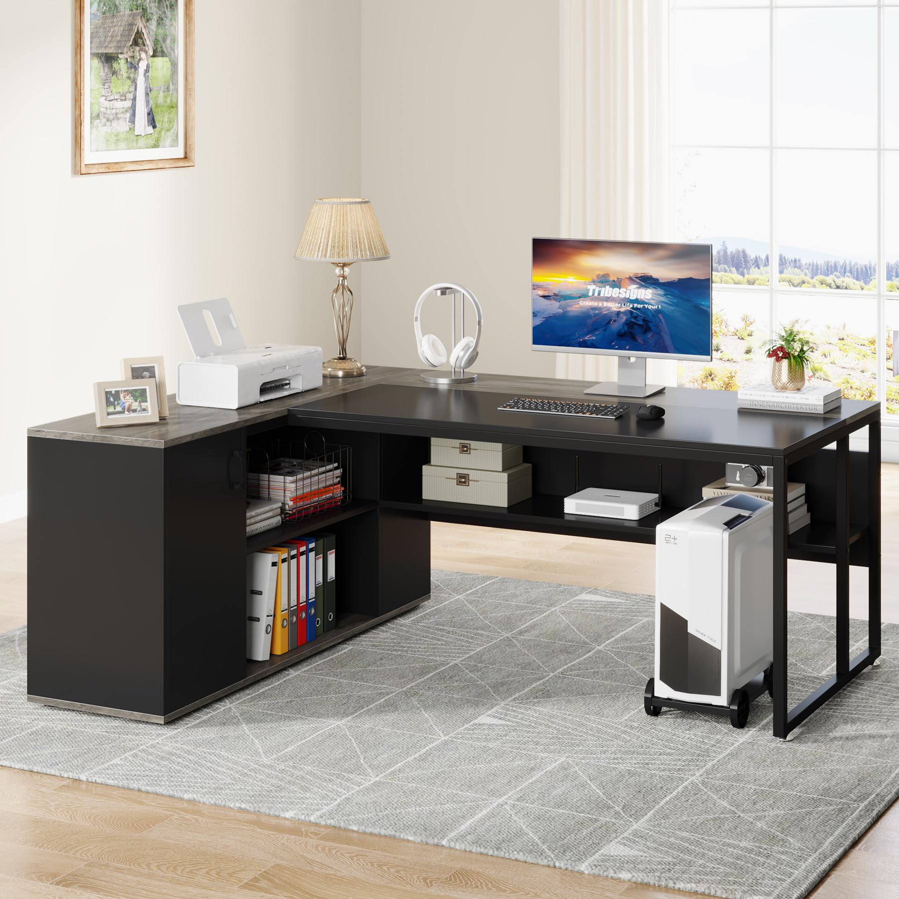 71 Inch L-Shaped Executive Desk with Cabinet Storage