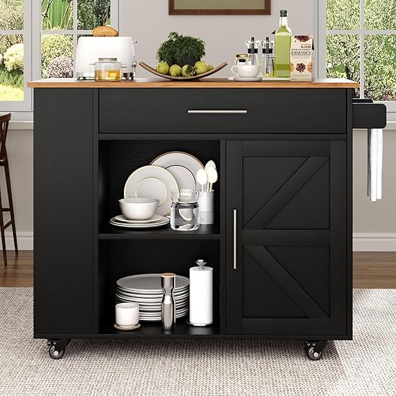 Kitchen Island on Wheels with Storage and Barn Door Cabinet